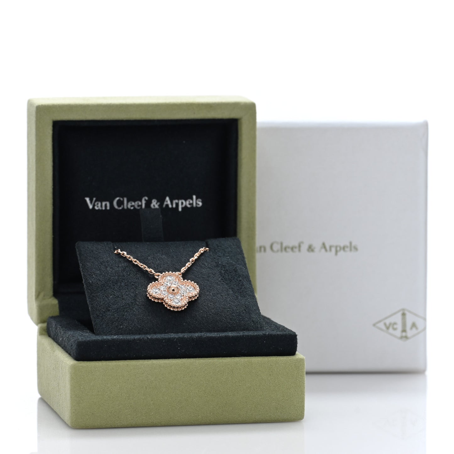 18K Rose Gold Diamond Vintage Alhambra Pendant Necklace