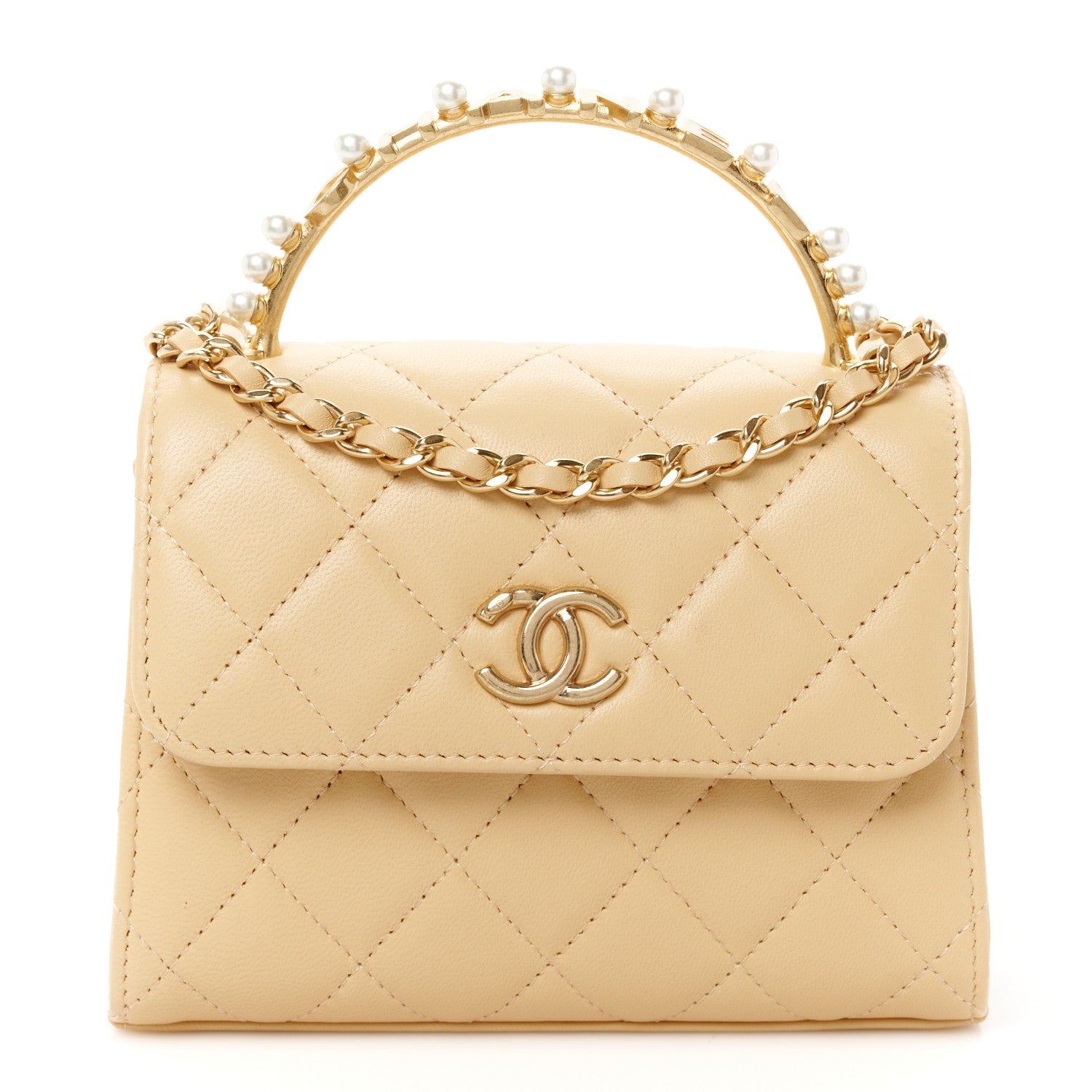 Chanel Lambskin Quilted Pearl Top Handle Flap With Chain Beige