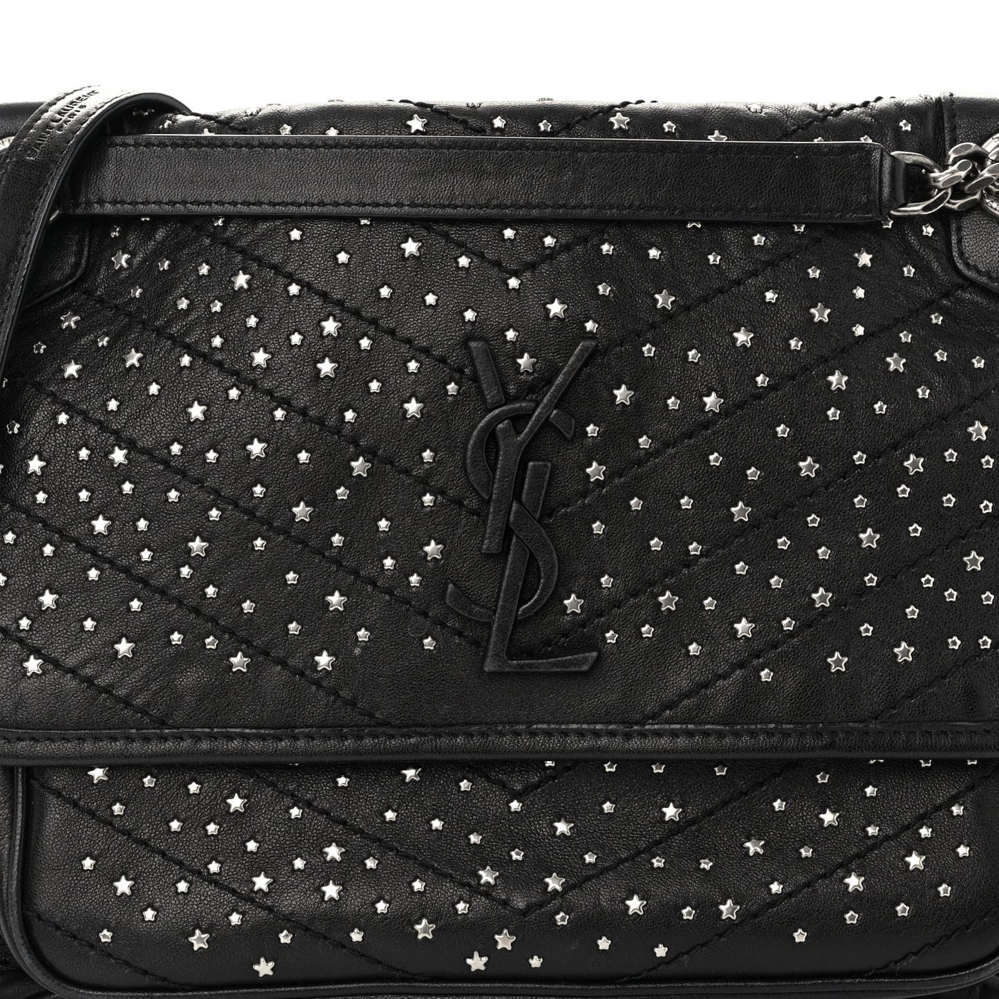 Calfskin Matelasse Monogram Studded Stardust Medium Niki Chain Satchel Black