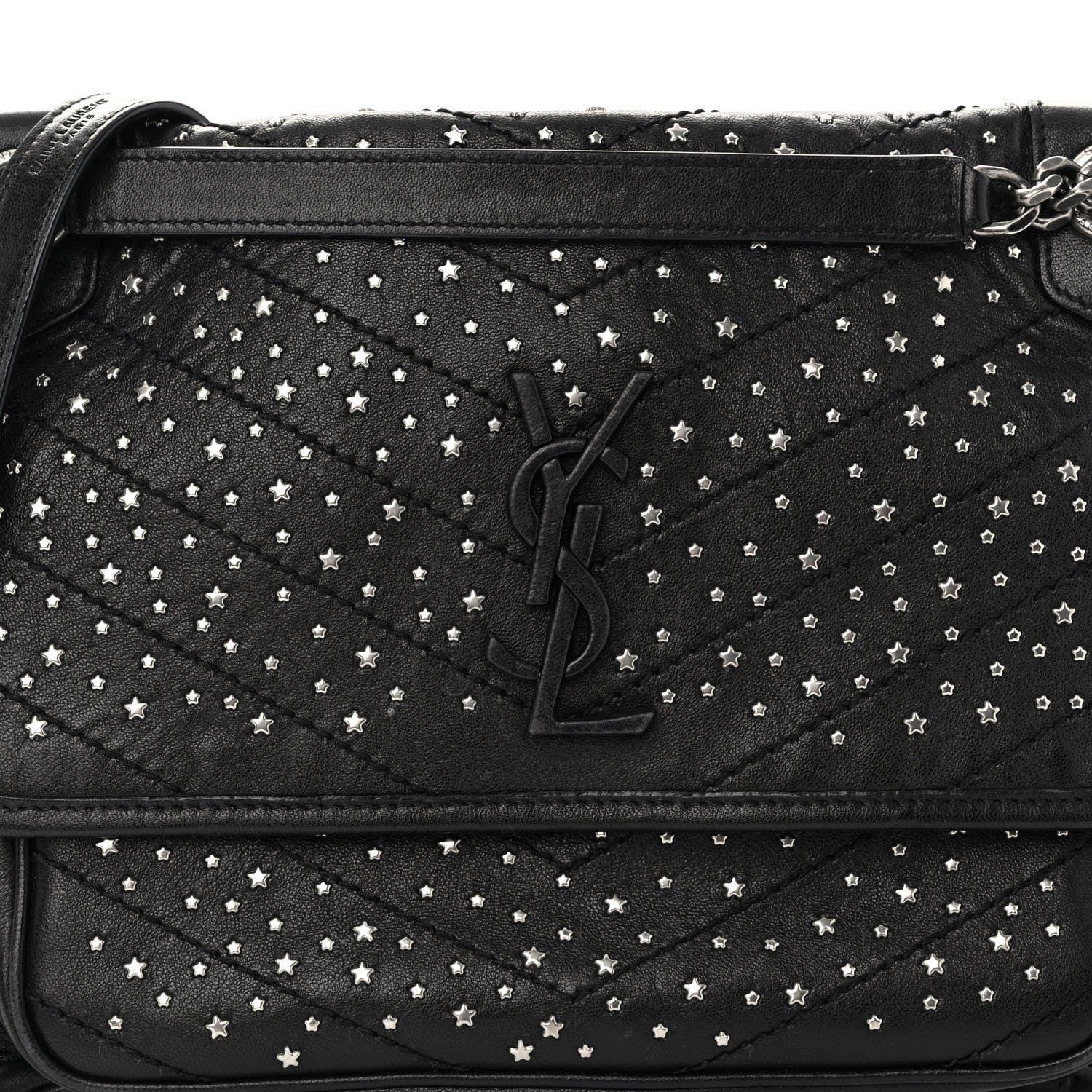 Saint Laurent Calfskin Matelasse Monogram Studded Stardust Medium Niki Chain Satchel Black 7 of 11