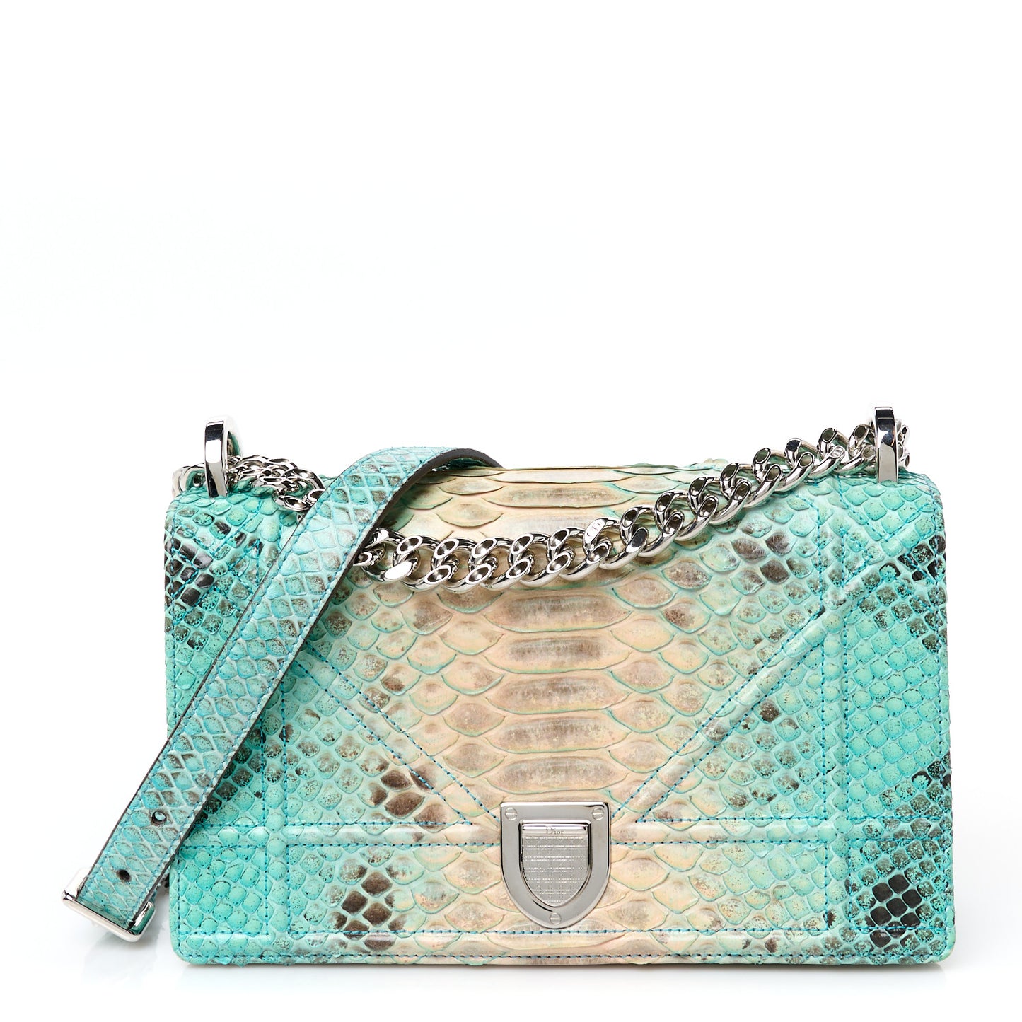 Snakeskin Gradient Small Diorama Flap Bag Turquoise Beige