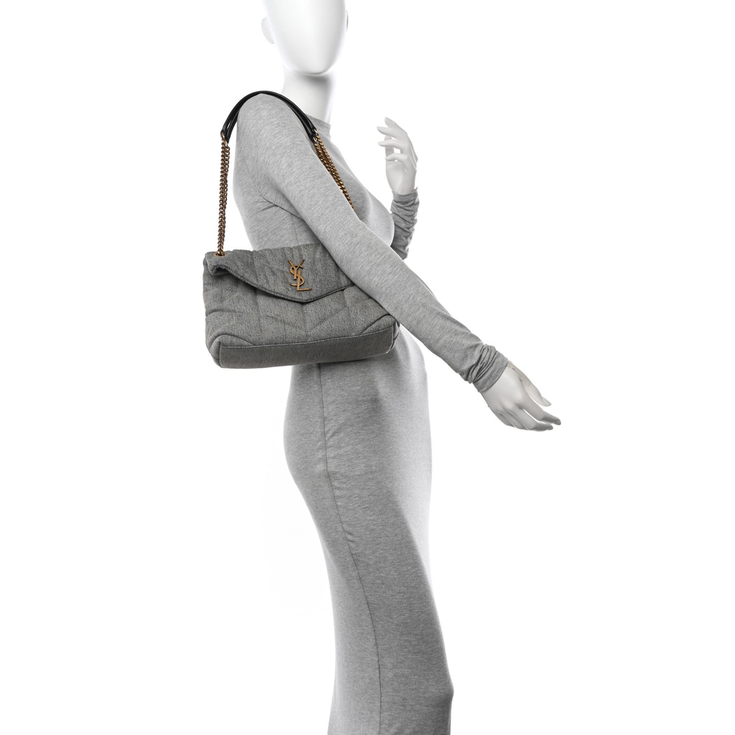 Denim Quilted Small Loulou Puffer Monogram Chain Satchel Azur