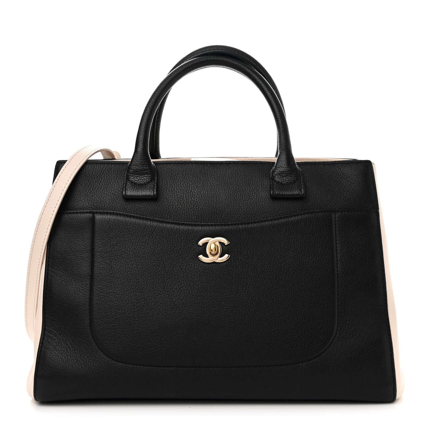 Grained Calfskin Medium Bi-Color Neo Executive Shopper Tote Black Beige Black