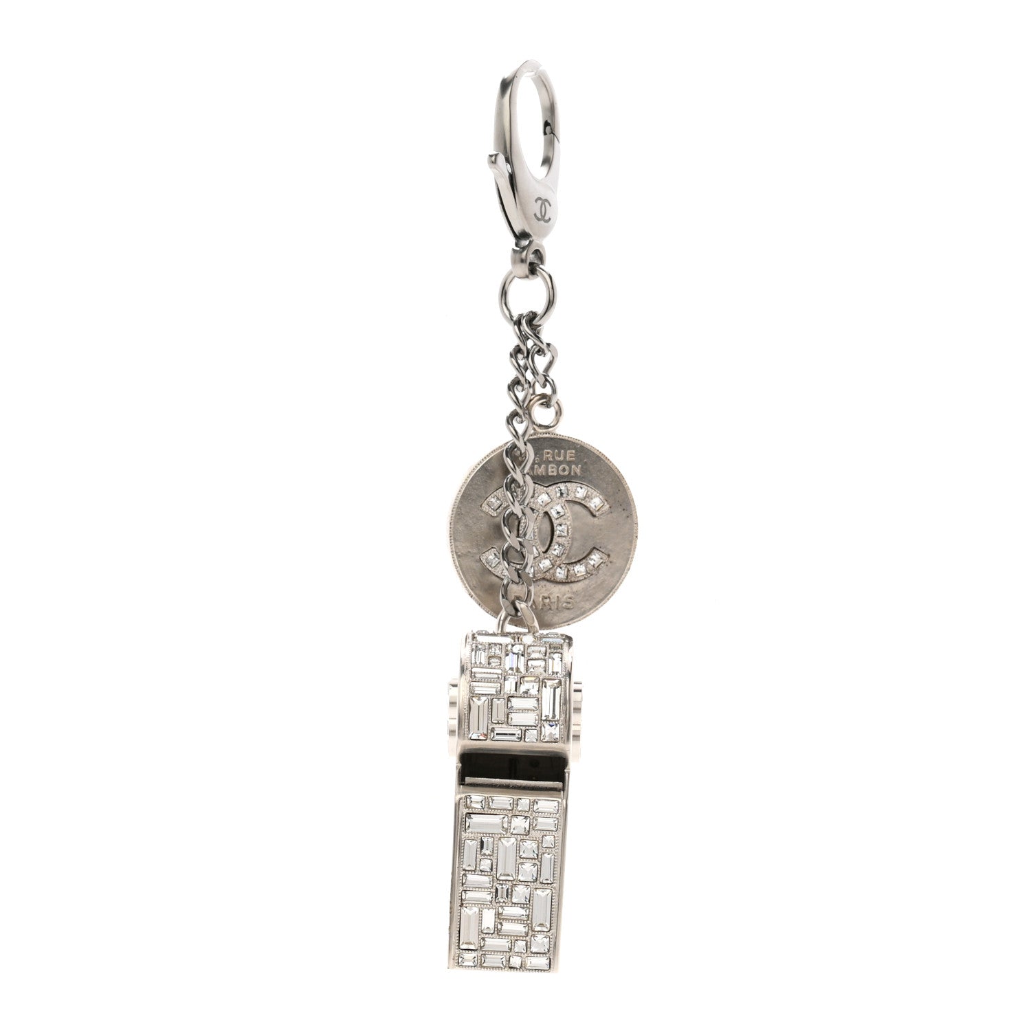Chanel Crystal Baguette CC Whistle Key Chain Silver 1890232