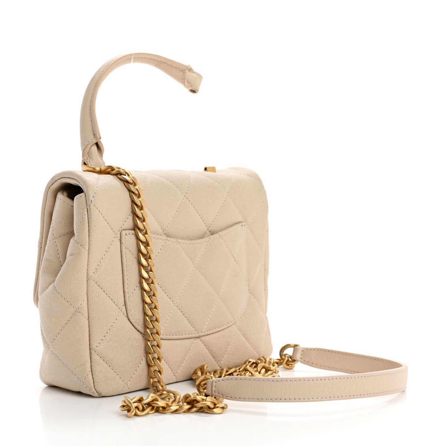 Shiny Caviar Quilted Mini Top Handle Flap Ecru