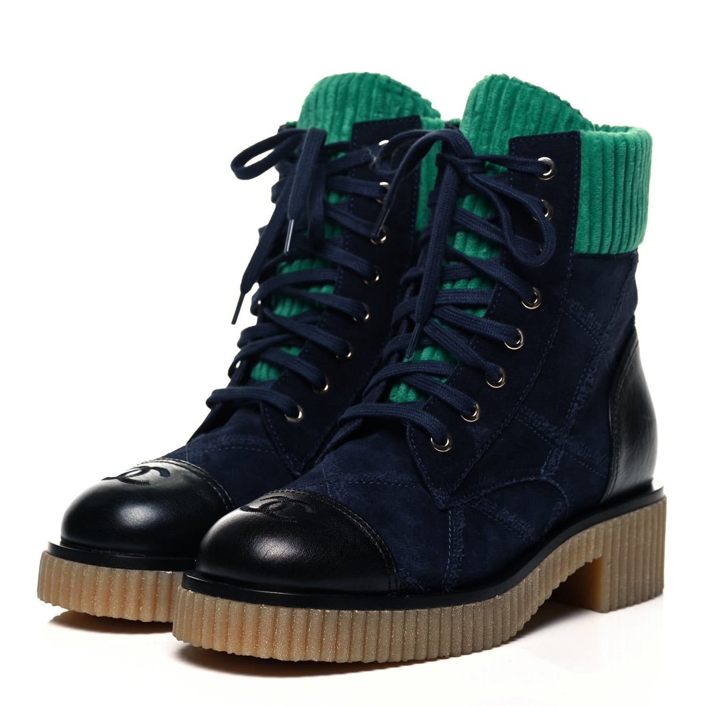 Suede Calfskin Velvet Quilted CC Combat Boots 38 Navy Green Black