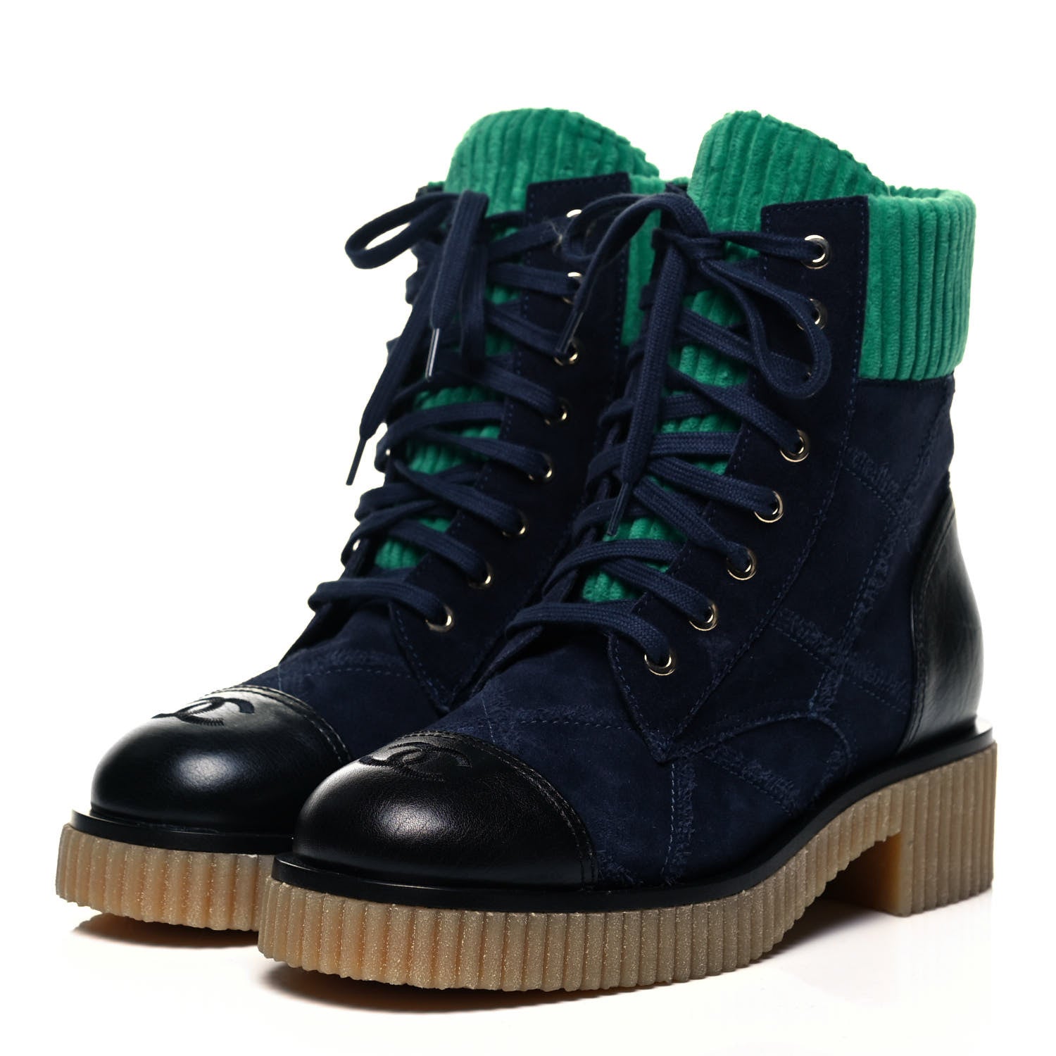 Chanel Suede Calfskin Velvet Quilted CC Combat Boots 38 Navy Green Black 3 of 9