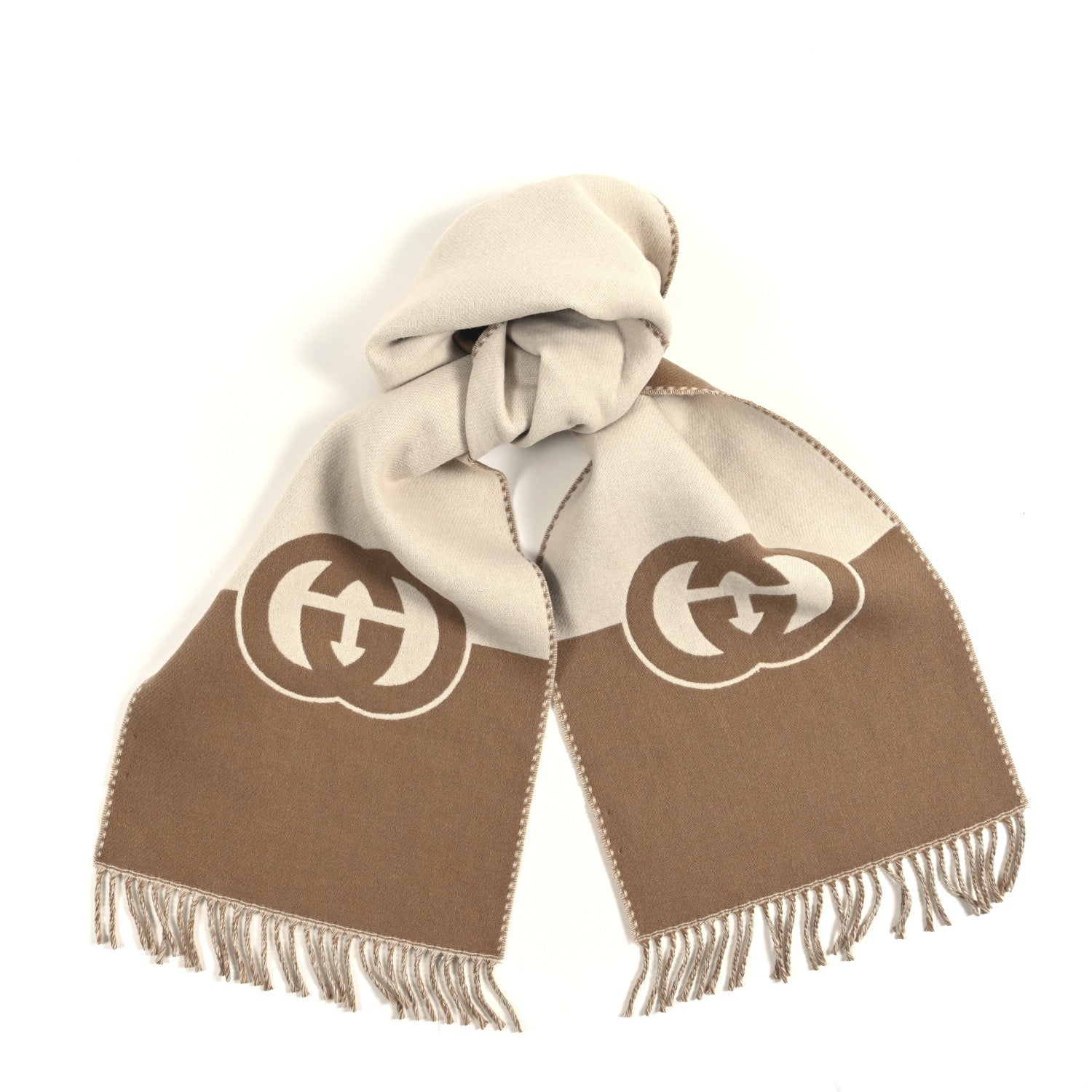 Gucci Wool Cashmere Interlocking G Scarf Ivory Beige 1832861