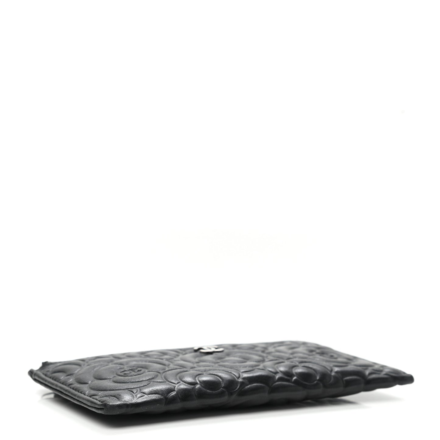 Goatskin Camellia Embossed Zip Pouch Black