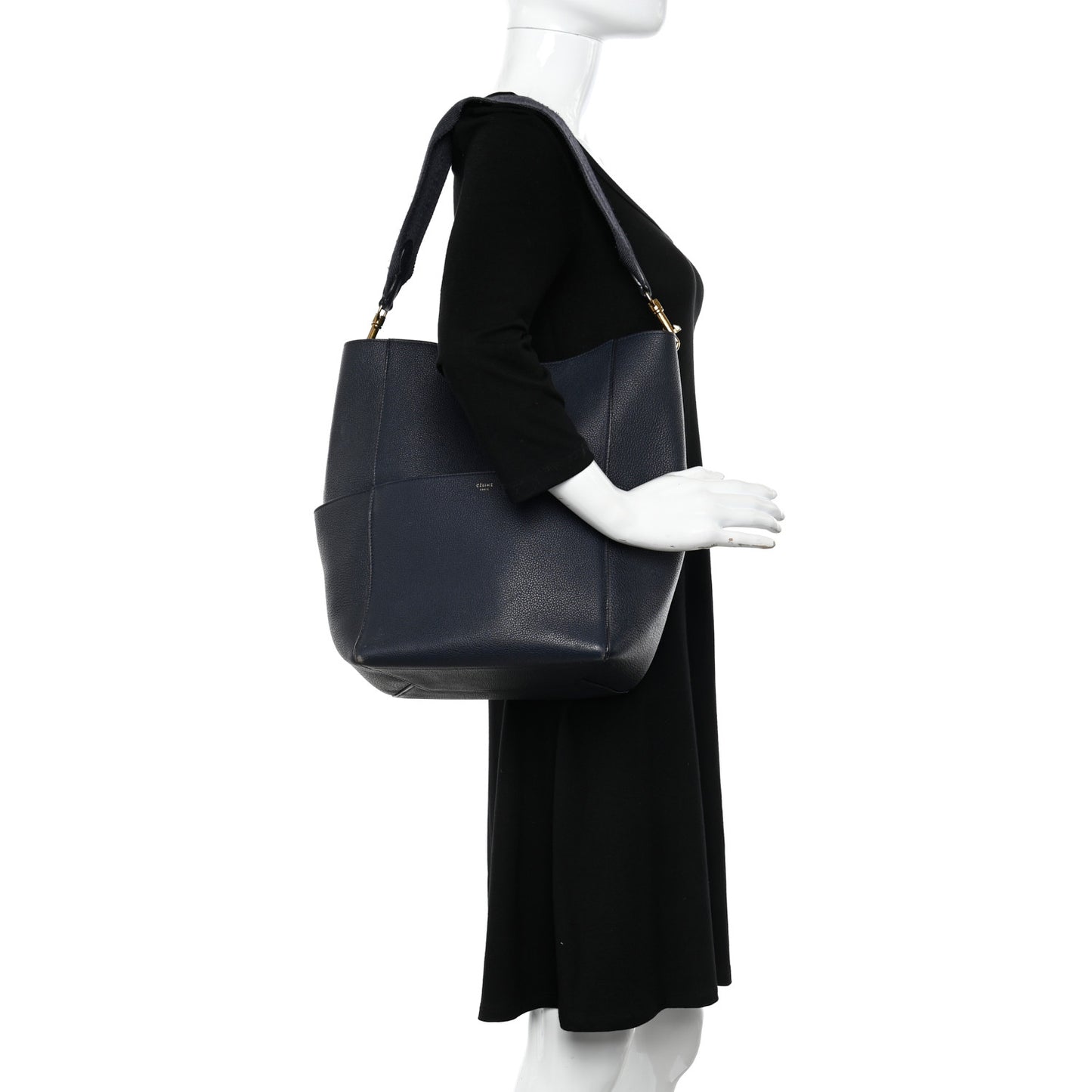 Soft Grained Calfskin Sangle Bucket Bag Navy Blue