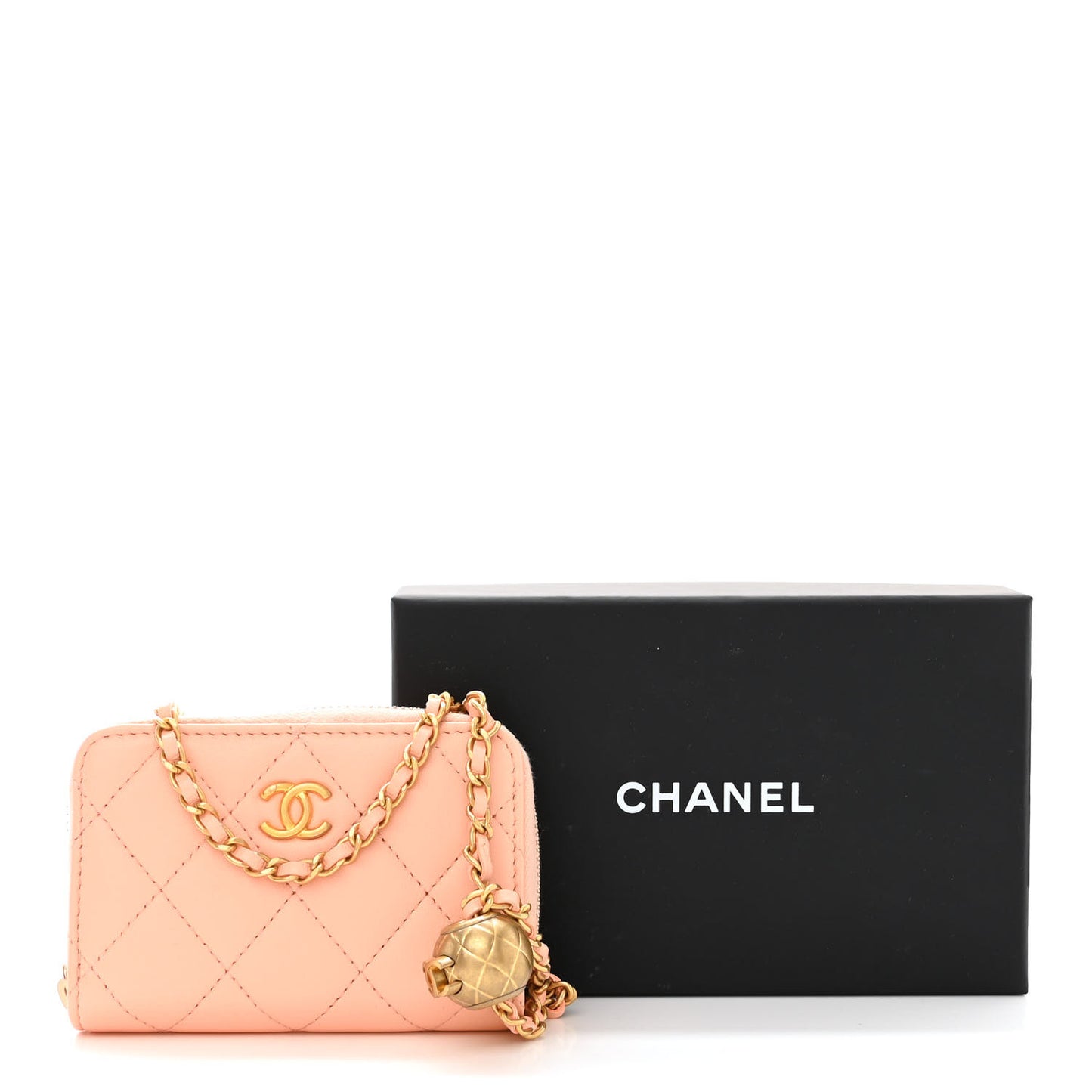 Lambskin Quilted CC Pearl Crush Zip Card Holder On Chain Pink