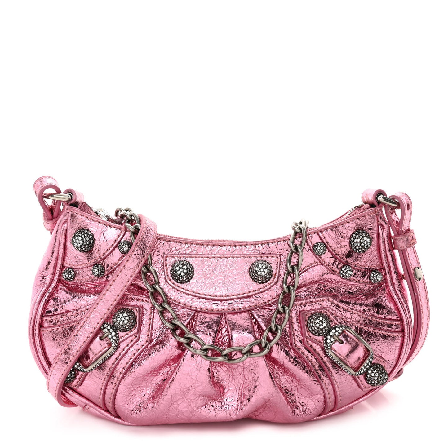 Metallic Agneau Arena Crystal Le Cagole Mini Purse With Chain Met Pink