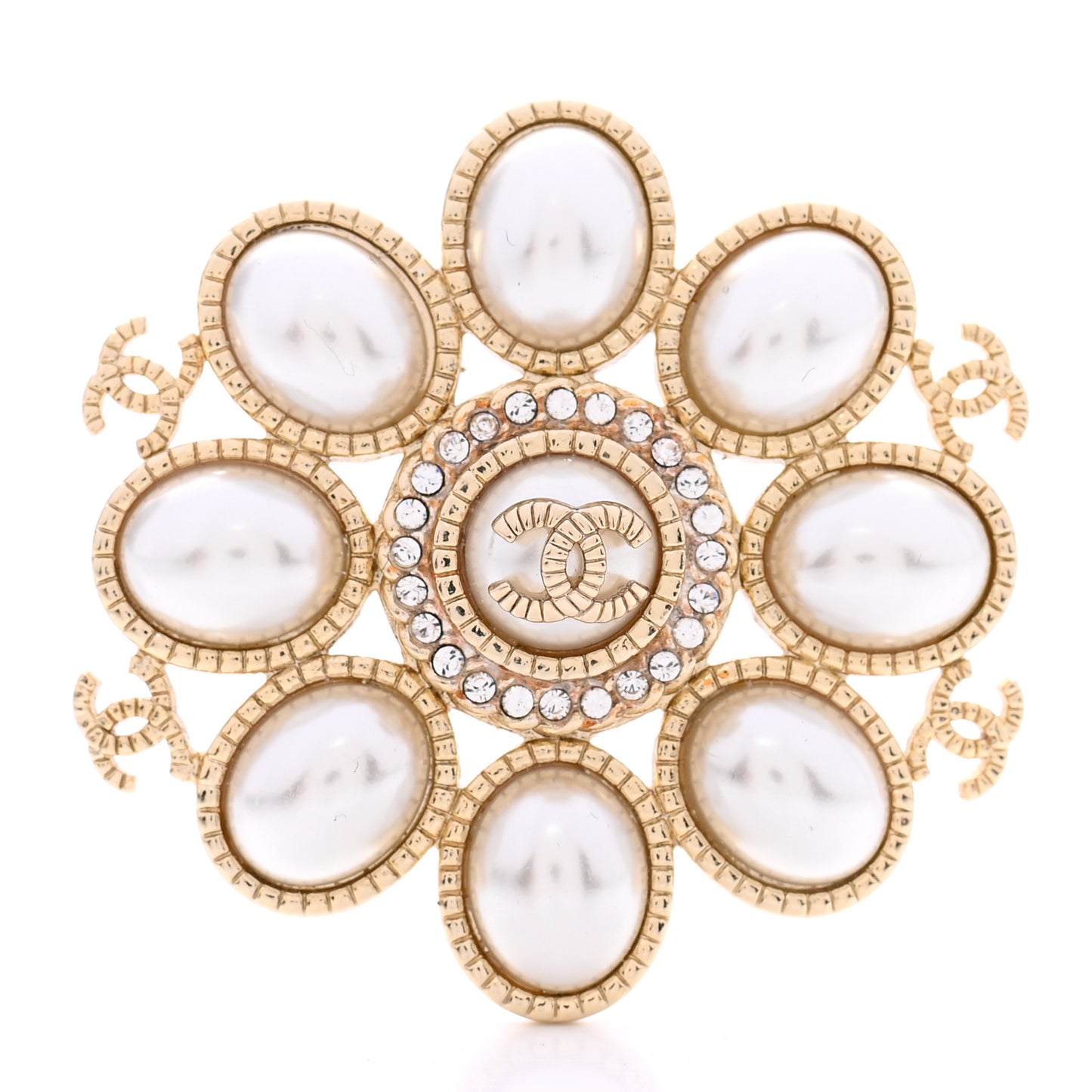 Pearl Crystal CC Brooch Pearly White Gold