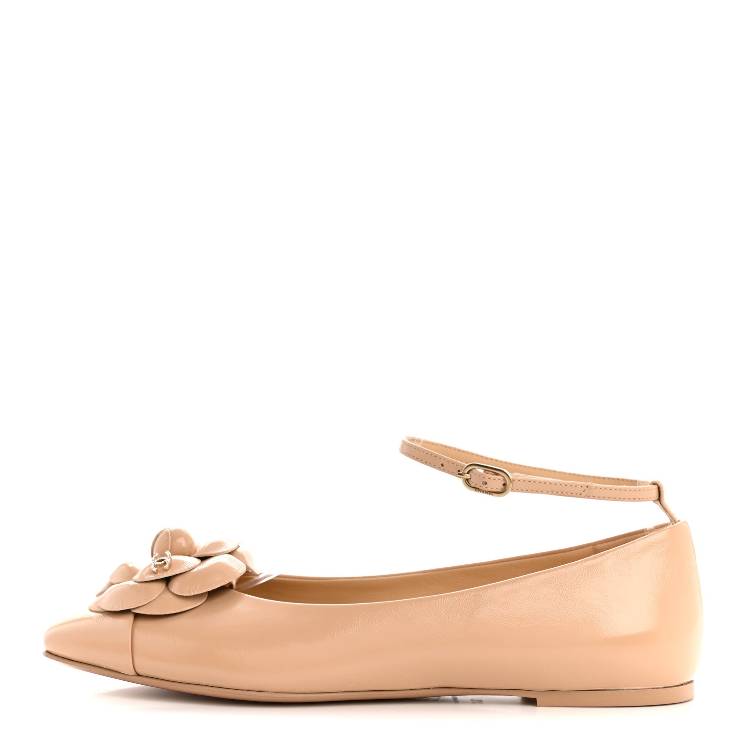 Chanel Shiny Calfskin Camellia Ankle Strap Ballerina Flats 36