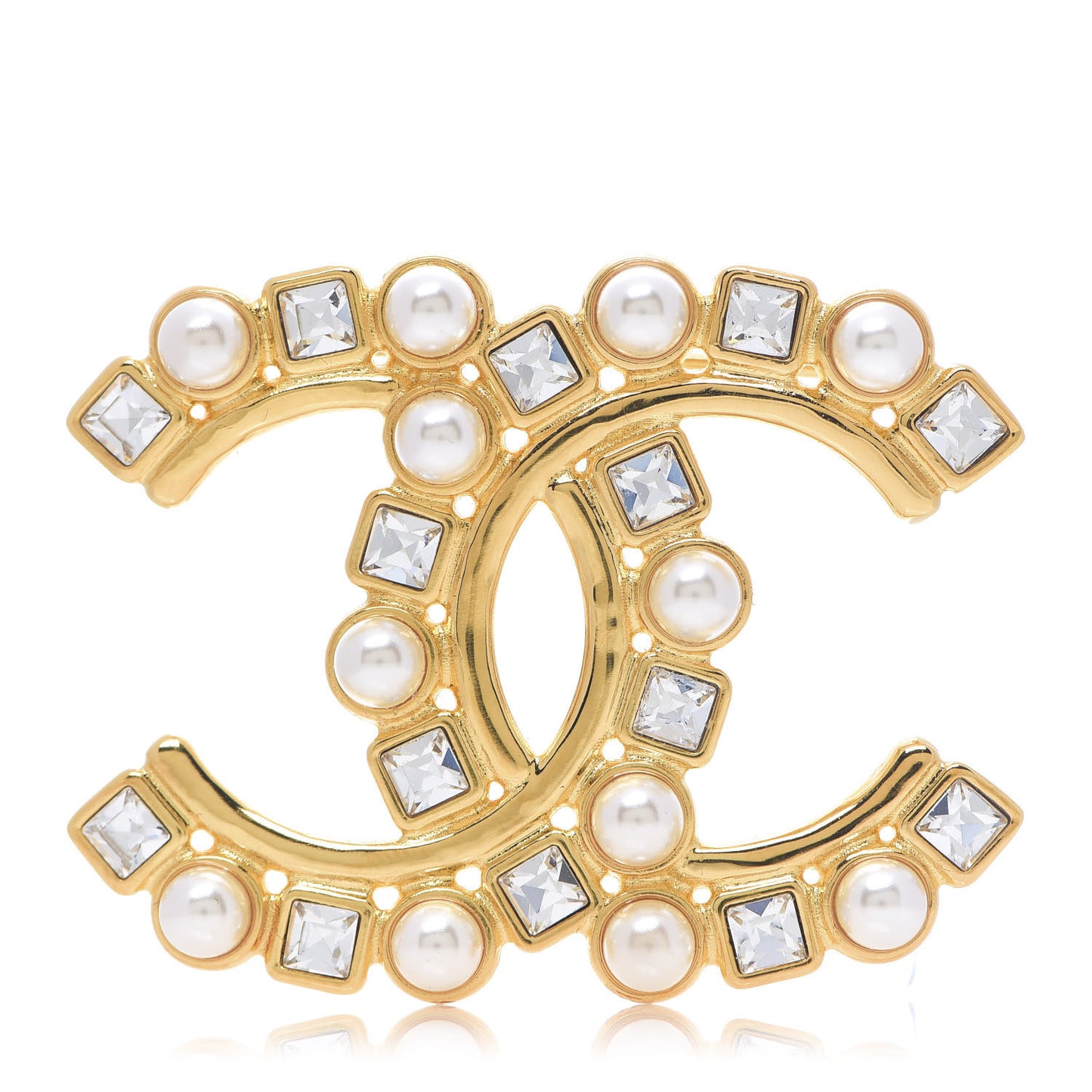 Pearl Crystal CC Brooch Gold