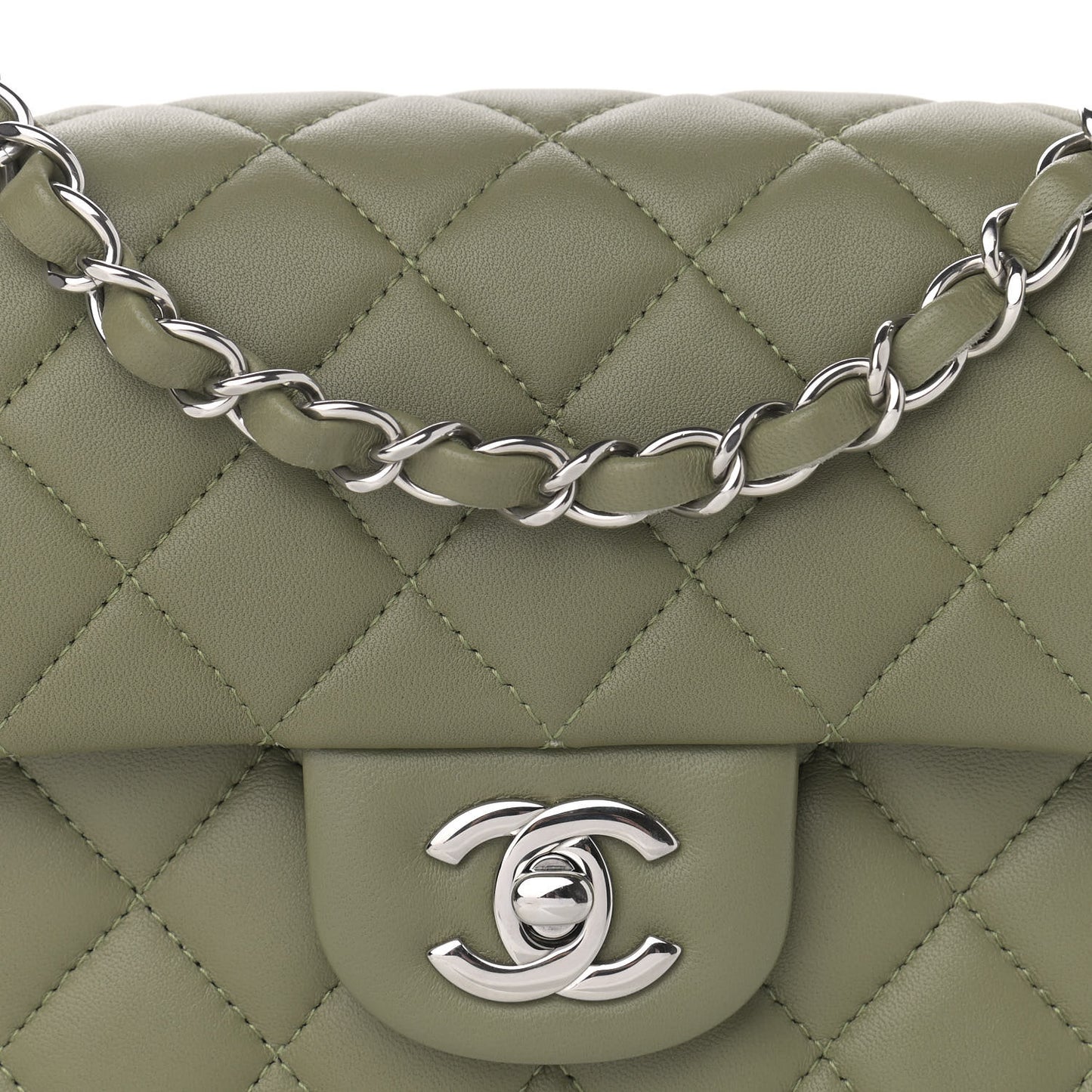 Lambskin Quilted Mini Rectangular Flap Khaki