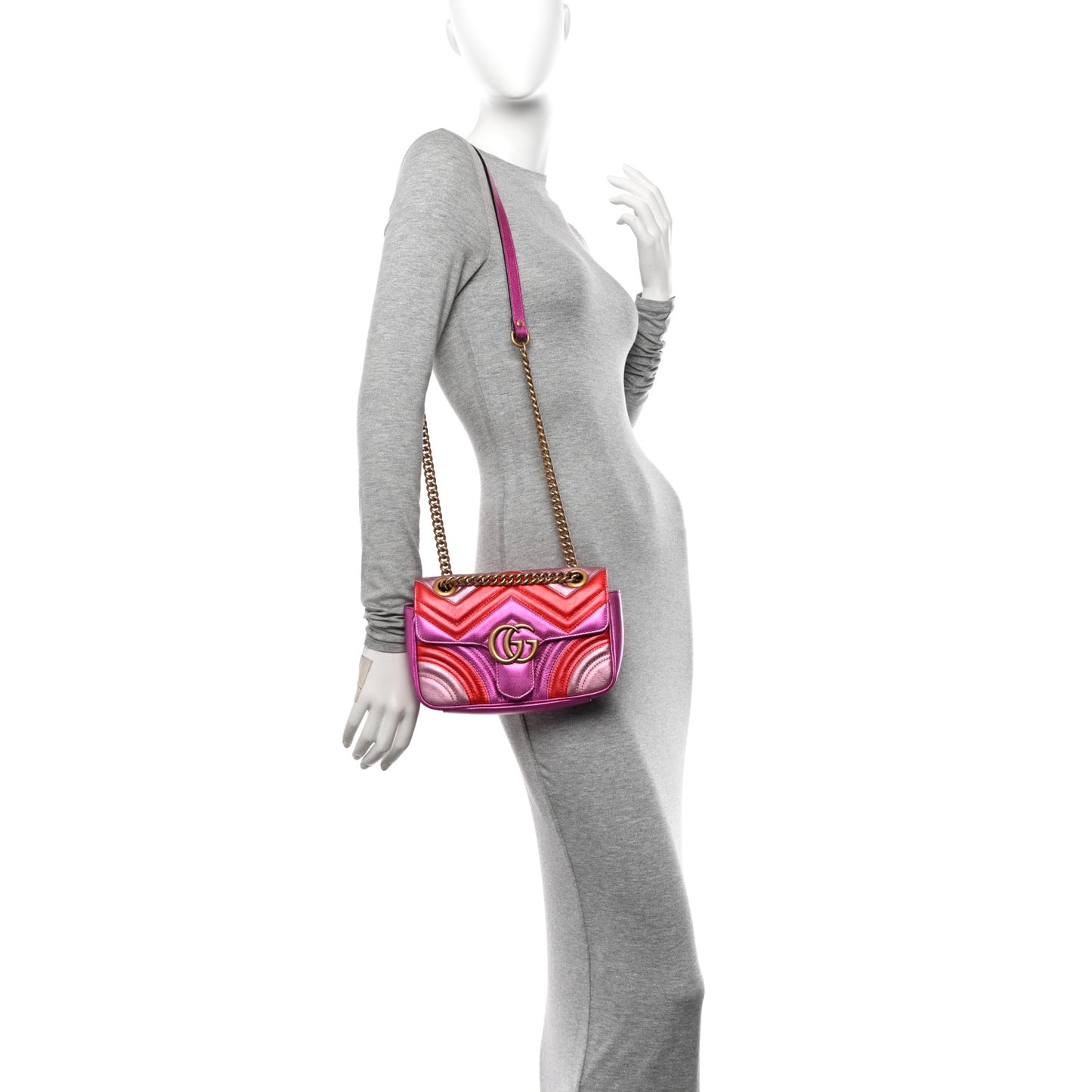 Metallic Calfskin Matelasse Mini GG Marmont Shoulder Bag Fuchsia