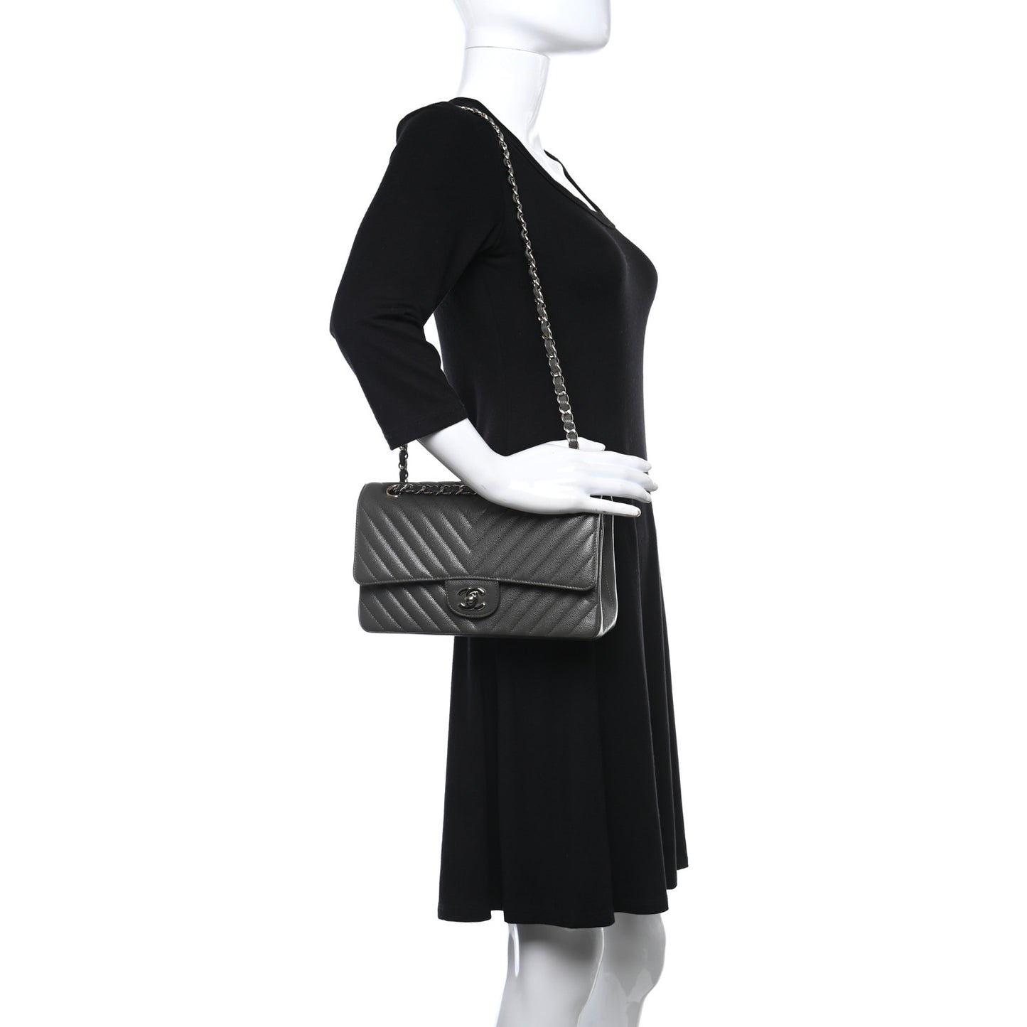 Caviar Chevron Quilted Medium Double Flap Dark Grey