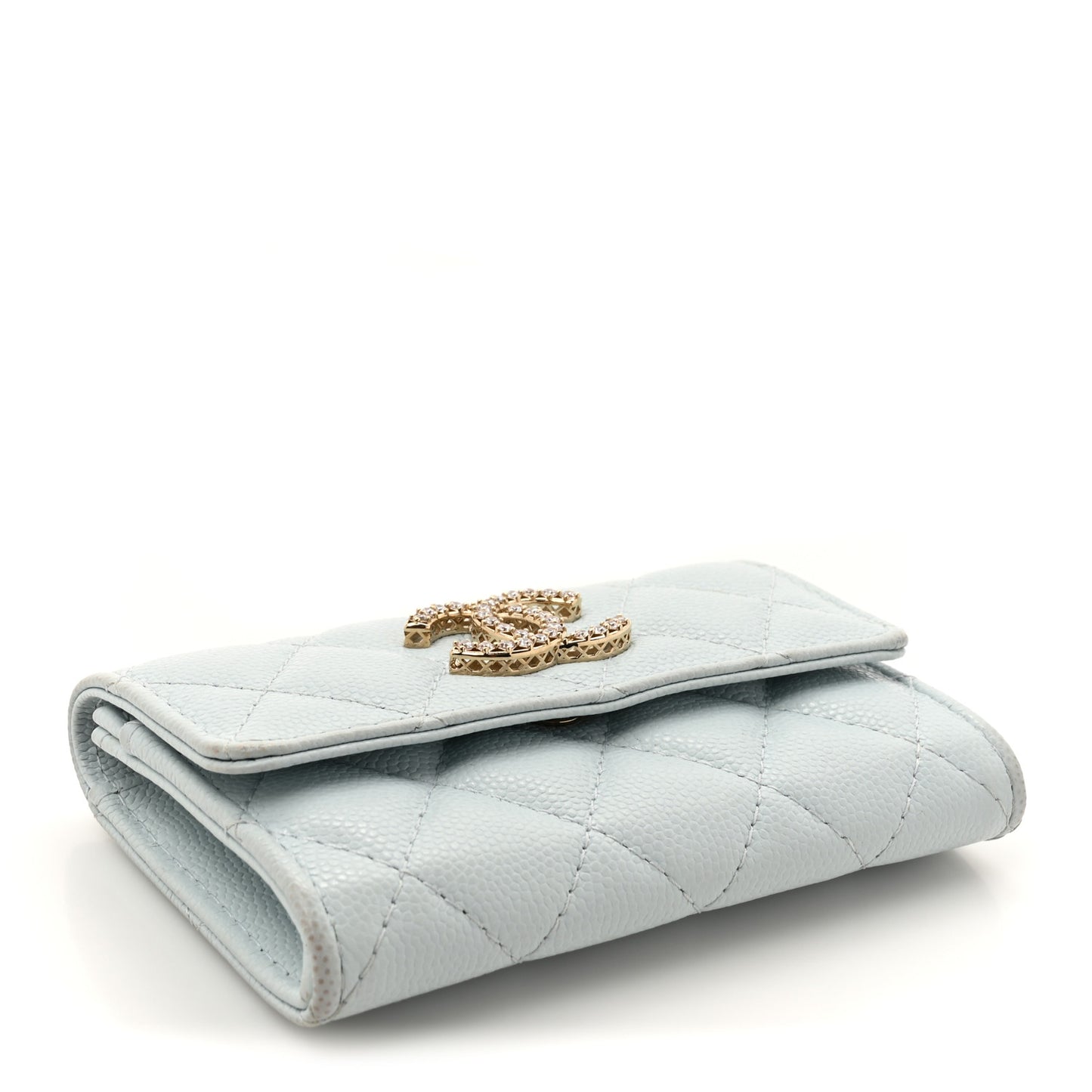 Shiny Caviar Quilted Crystal CC Flap Card Holder Light Blue