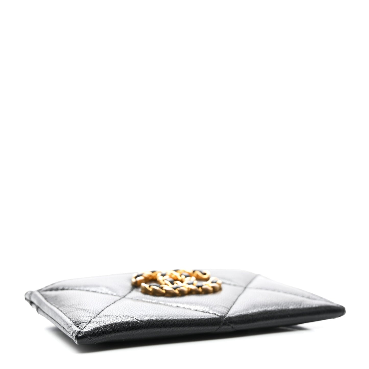 Shiny Goatskin Quilted Chanel 19 Card Holder Black