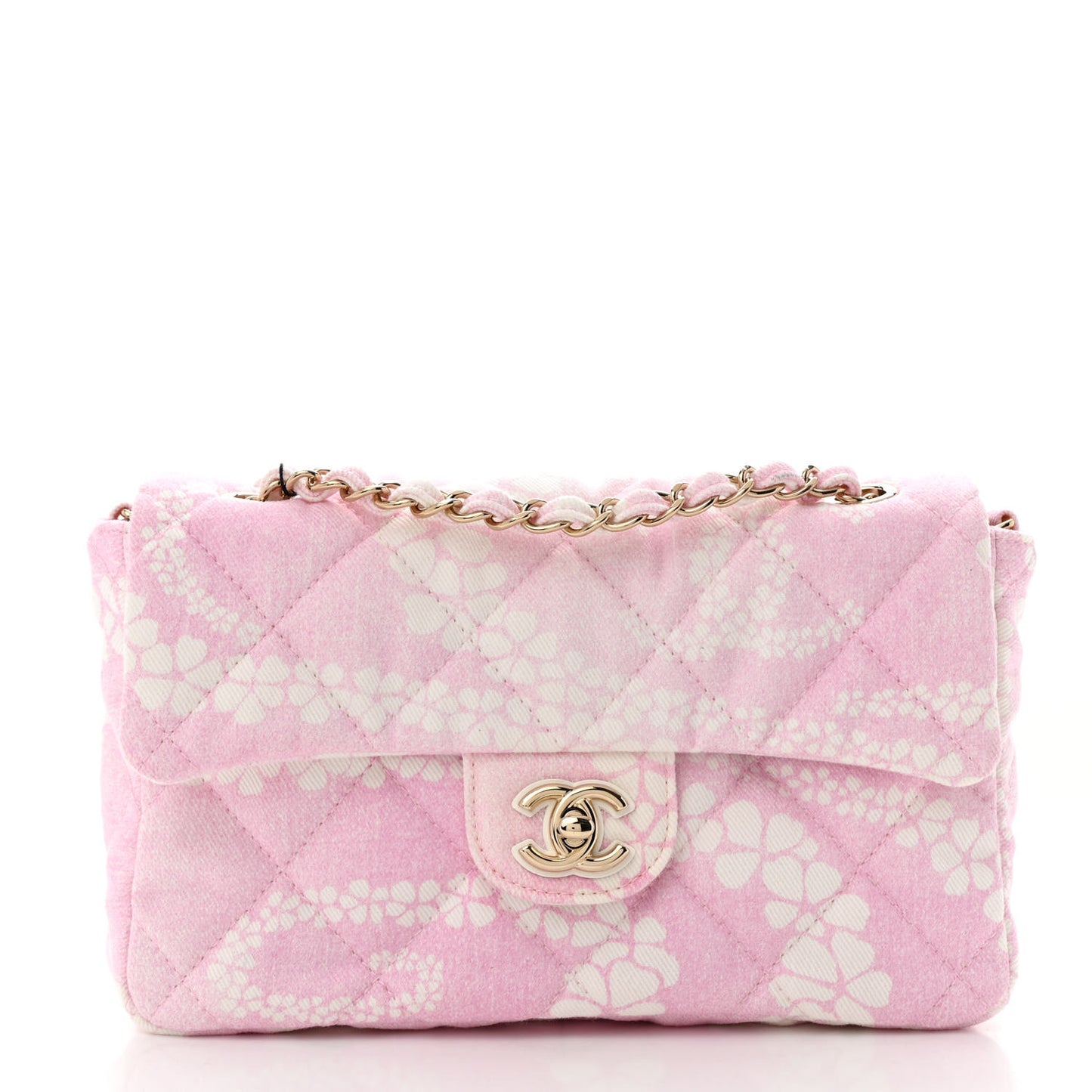 Printed Denim Quilted Flap Bag Pink White