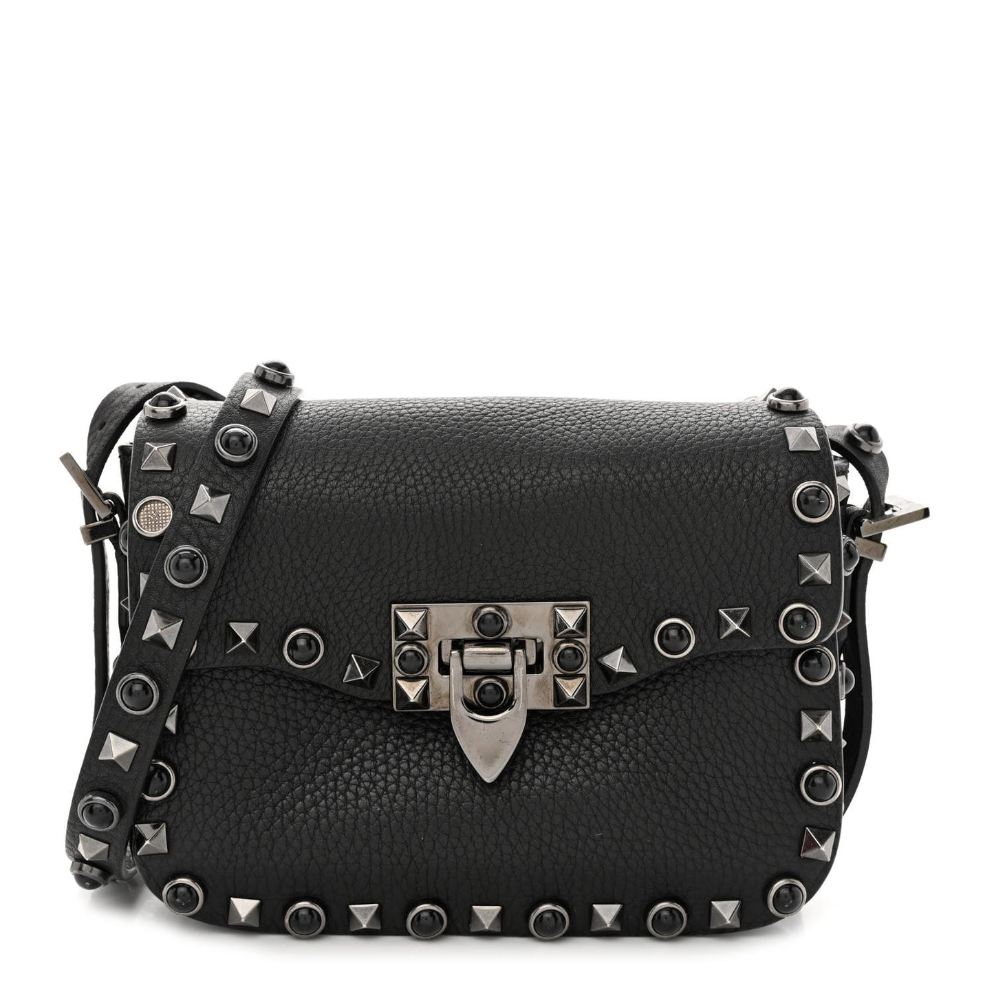 Pebbled Calfskin Rockstud Rolling Flip Lock Crossbody Bag Black