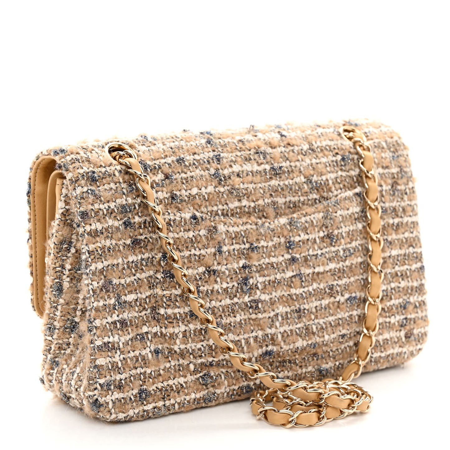 Tweed Quilted Medium Double Flap Beige Gold Multicolor