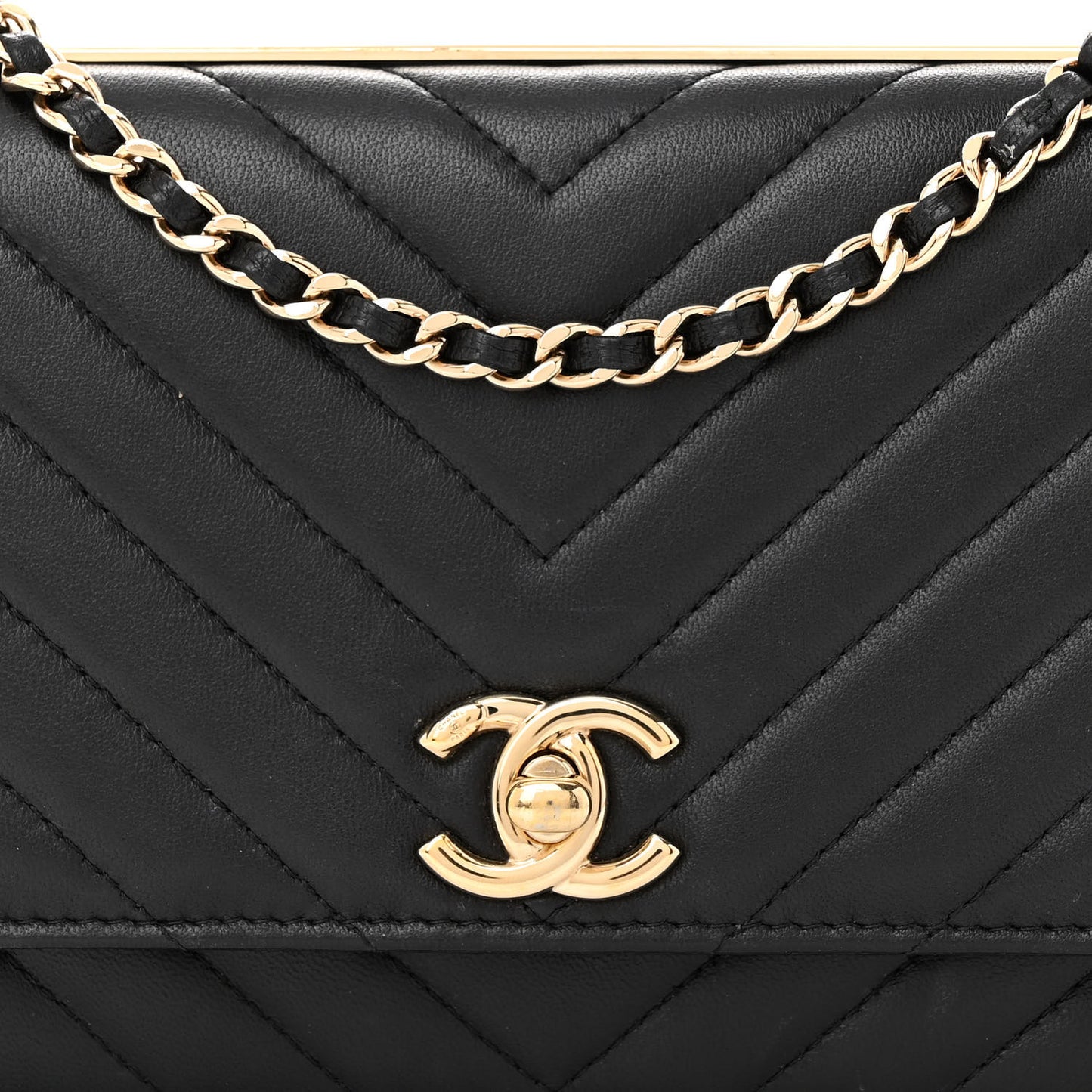 Lambskin Chevron Quilted Trendy CC Wallet On Chain WOC Black