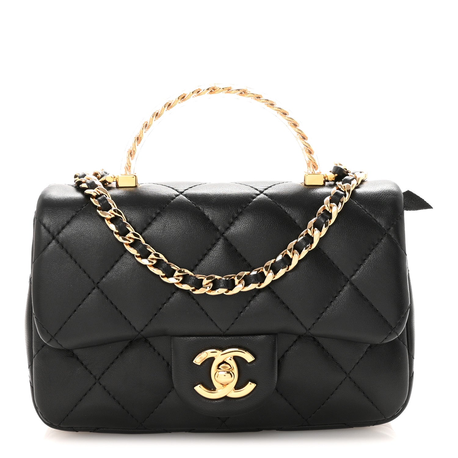 Chanel Lambskin Resin Quilted Top Handle Flap Black 1882580