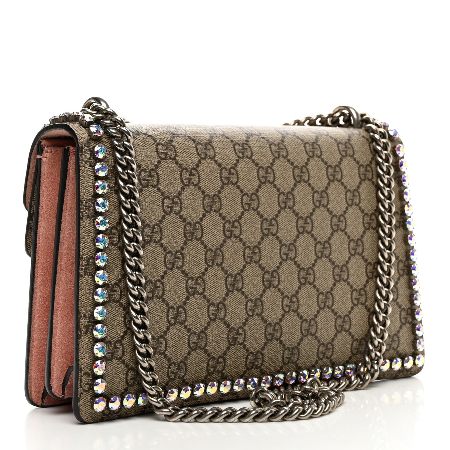 GG Supreme Monogram Suede Crystal Small Dionysus Shoulder Bag Beige Ebony Light Peonia