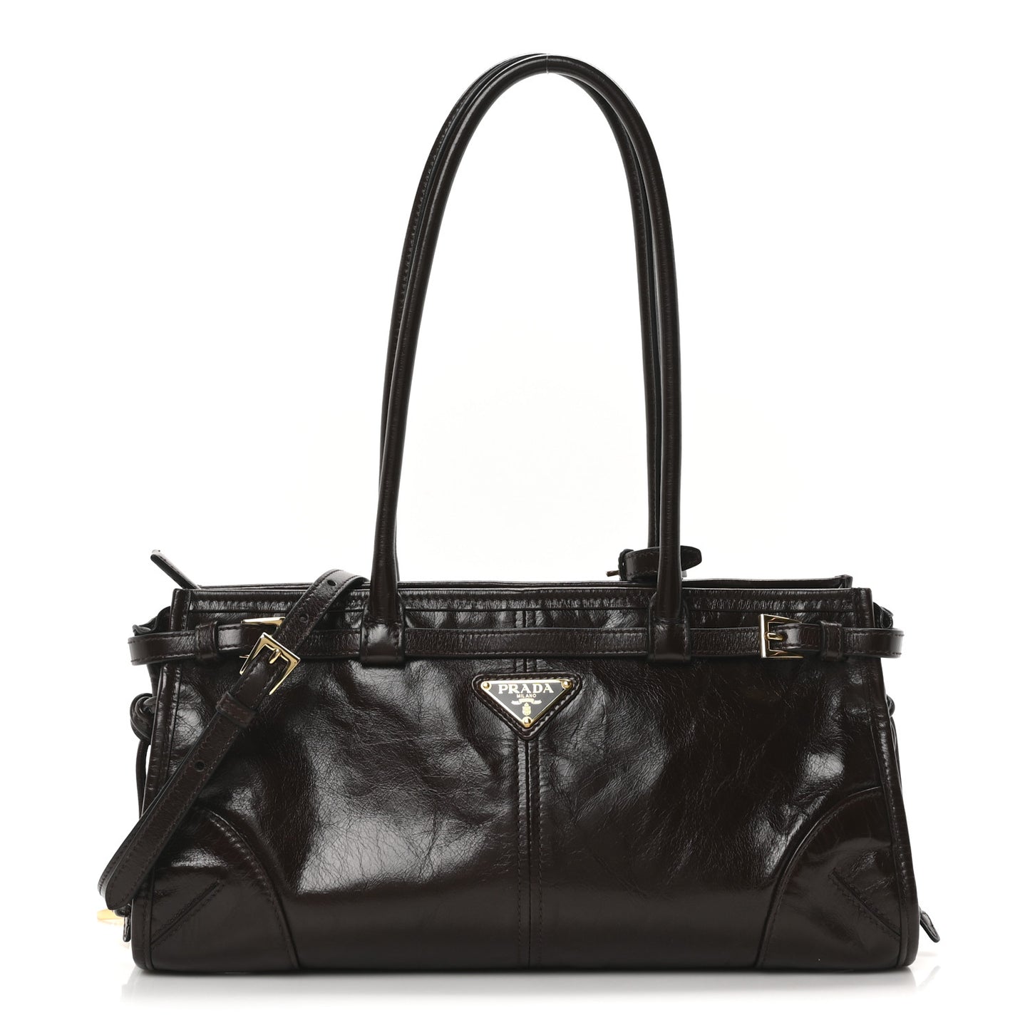 Glossy Calfskin Triangle Medium Bonnie Shoulder Bag Dark Brown