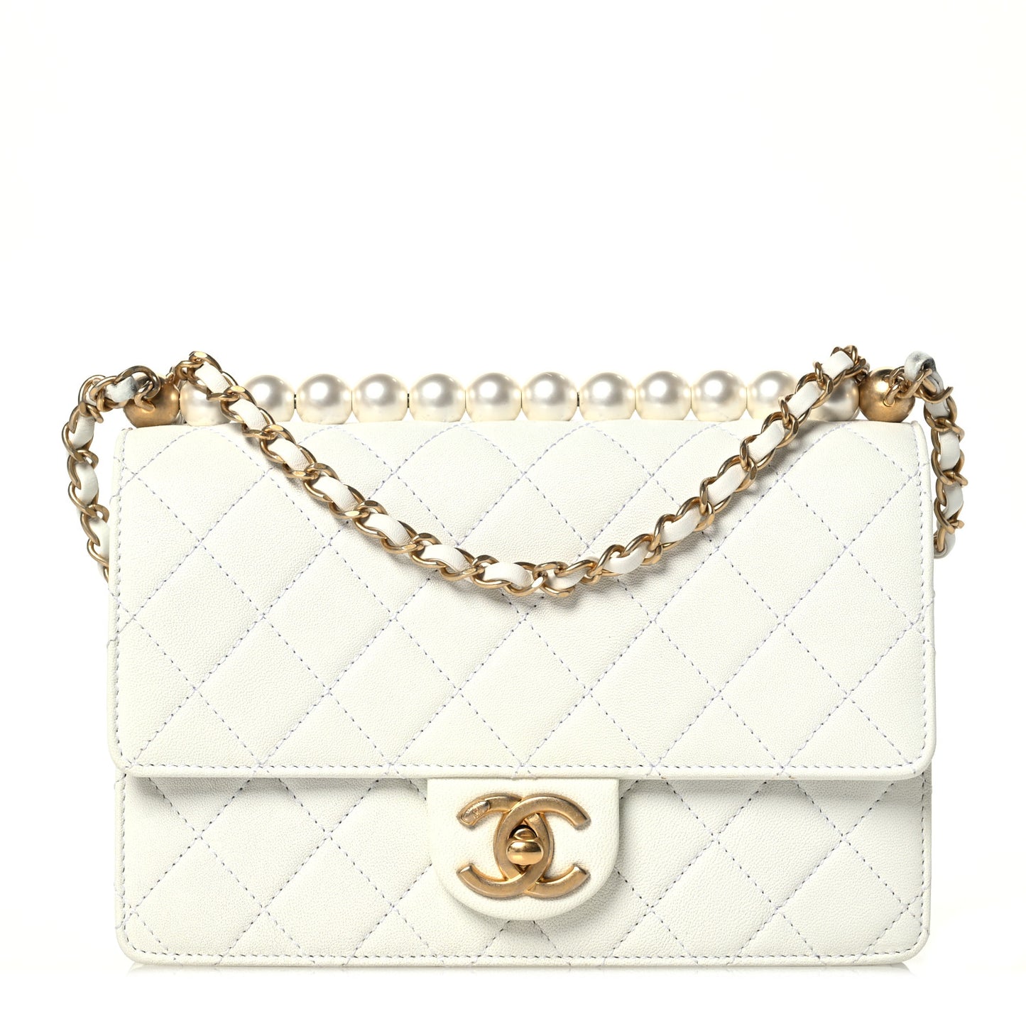 Lambskin Quilted Small Chic Pearls Flap White