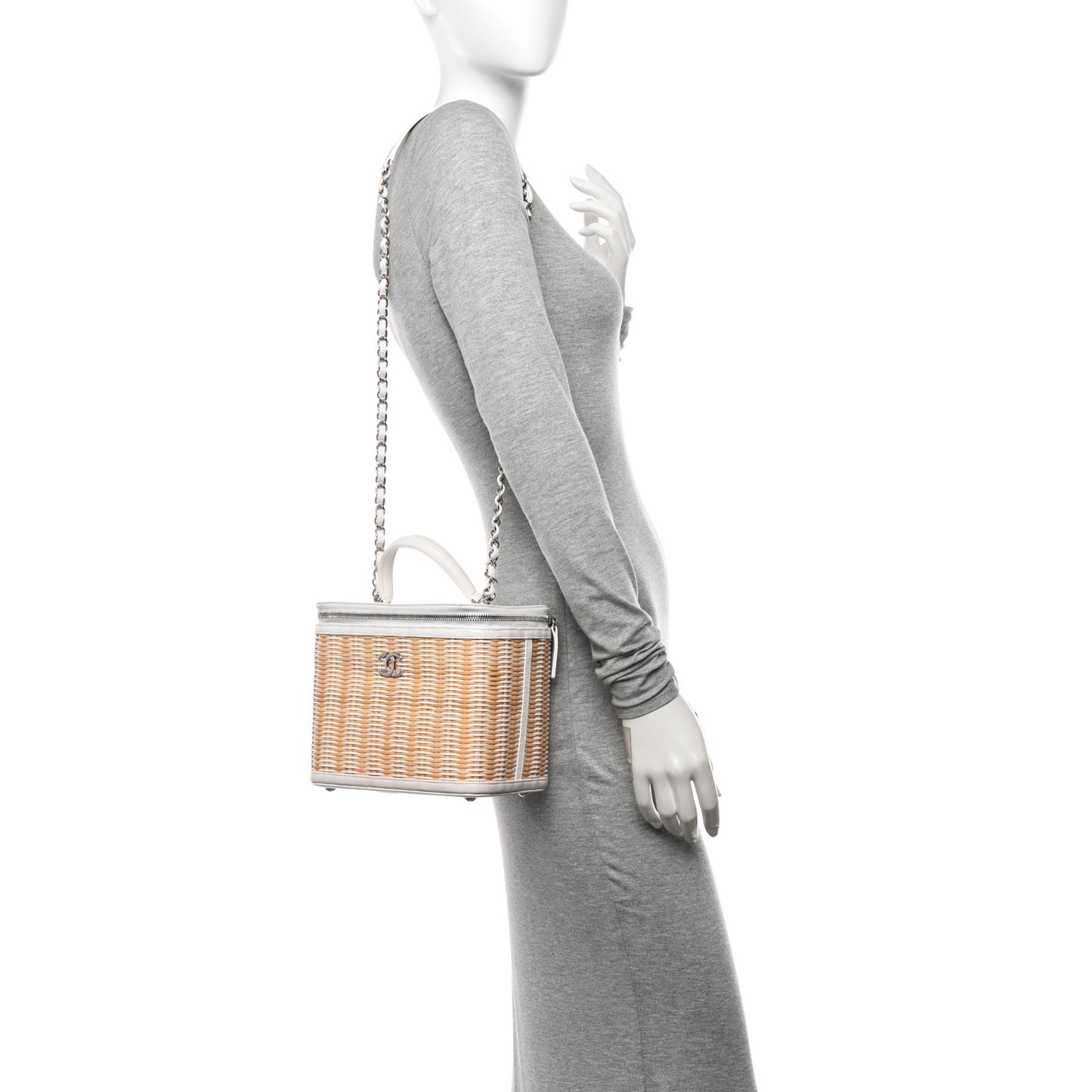 Glazed Calfskin Raffia Vanity Case Bag White Beige