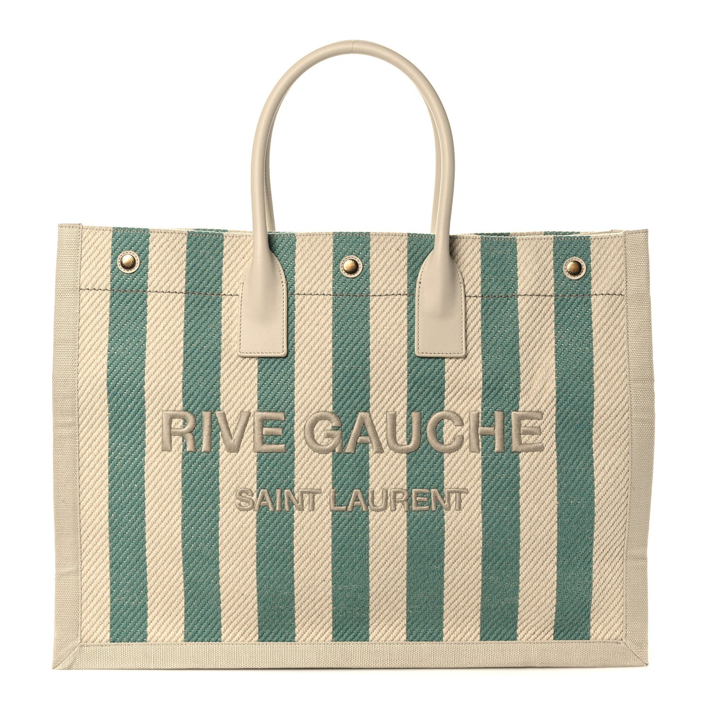 Cotton Linen Calfskin Striped Rive Gauche Tote Water Green