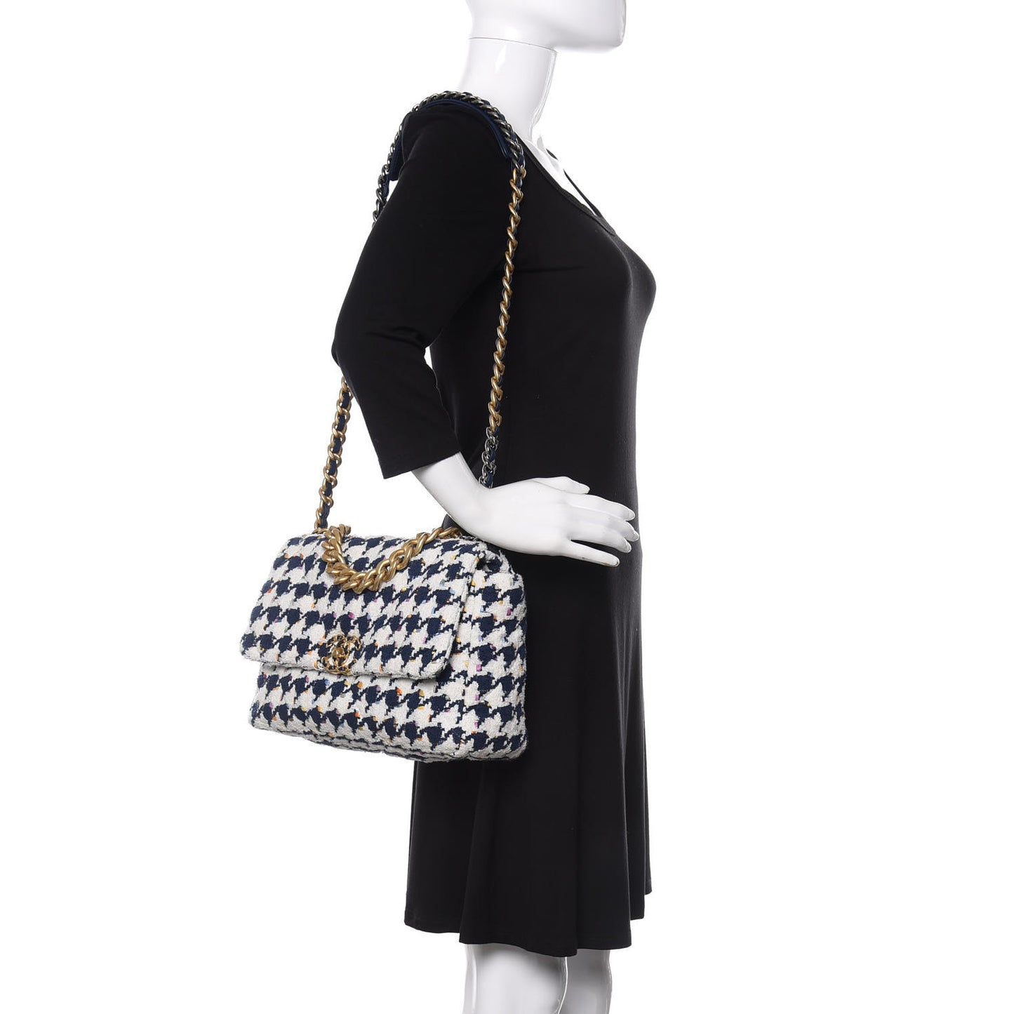 Tweed Quilted Large 19 Flap Ecru Navy Blue Multicolor