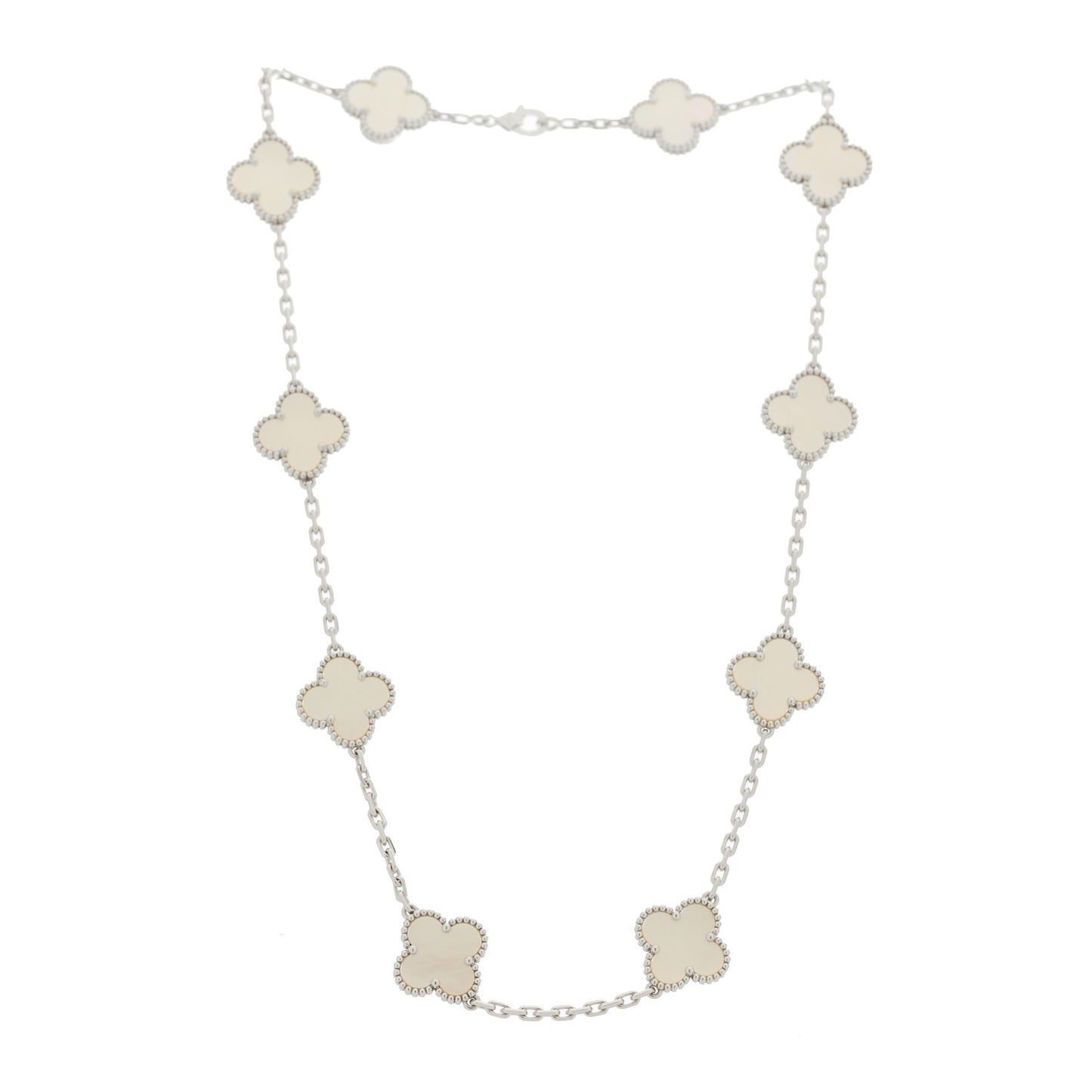 18K White Gold Mother of Pearl 10 Motifs Vintage Alhambra Necklace