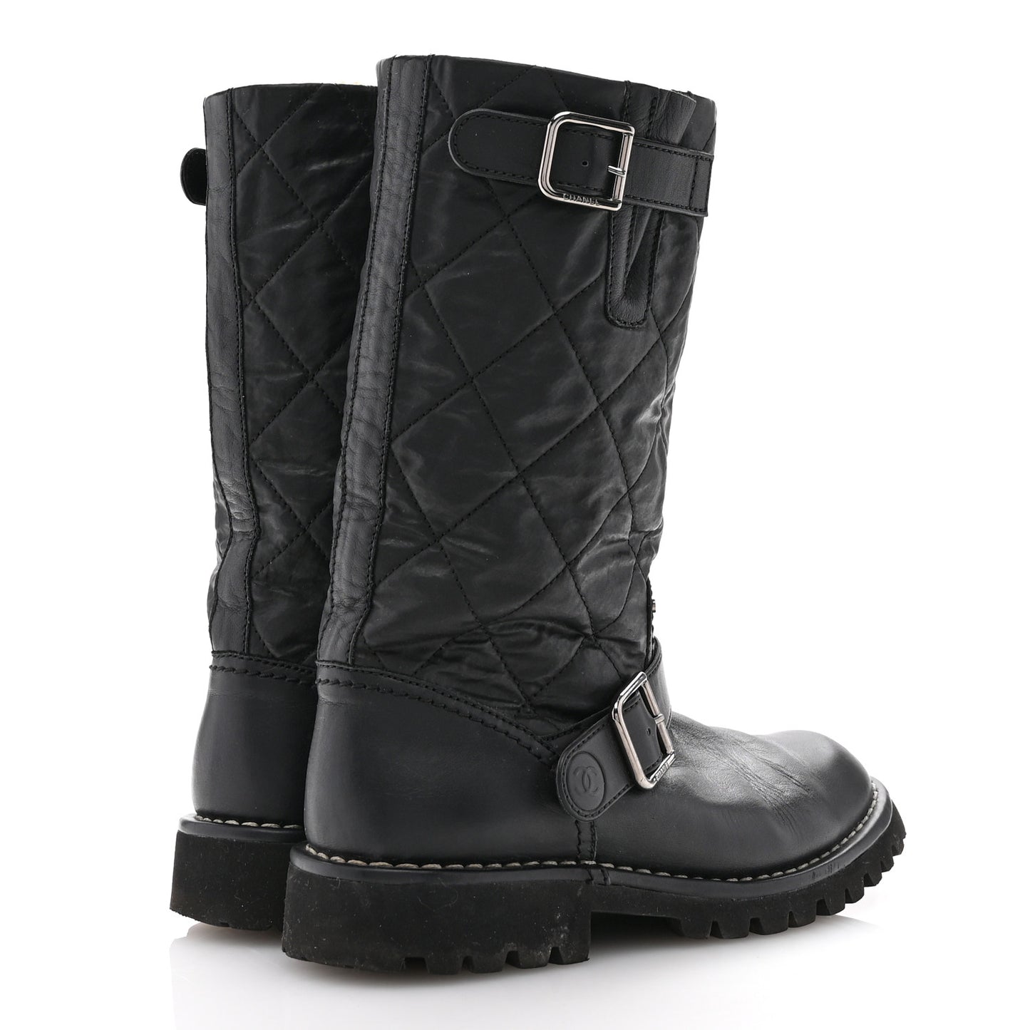 Calfskin Quilted Buckle Biker Boots 36 Black