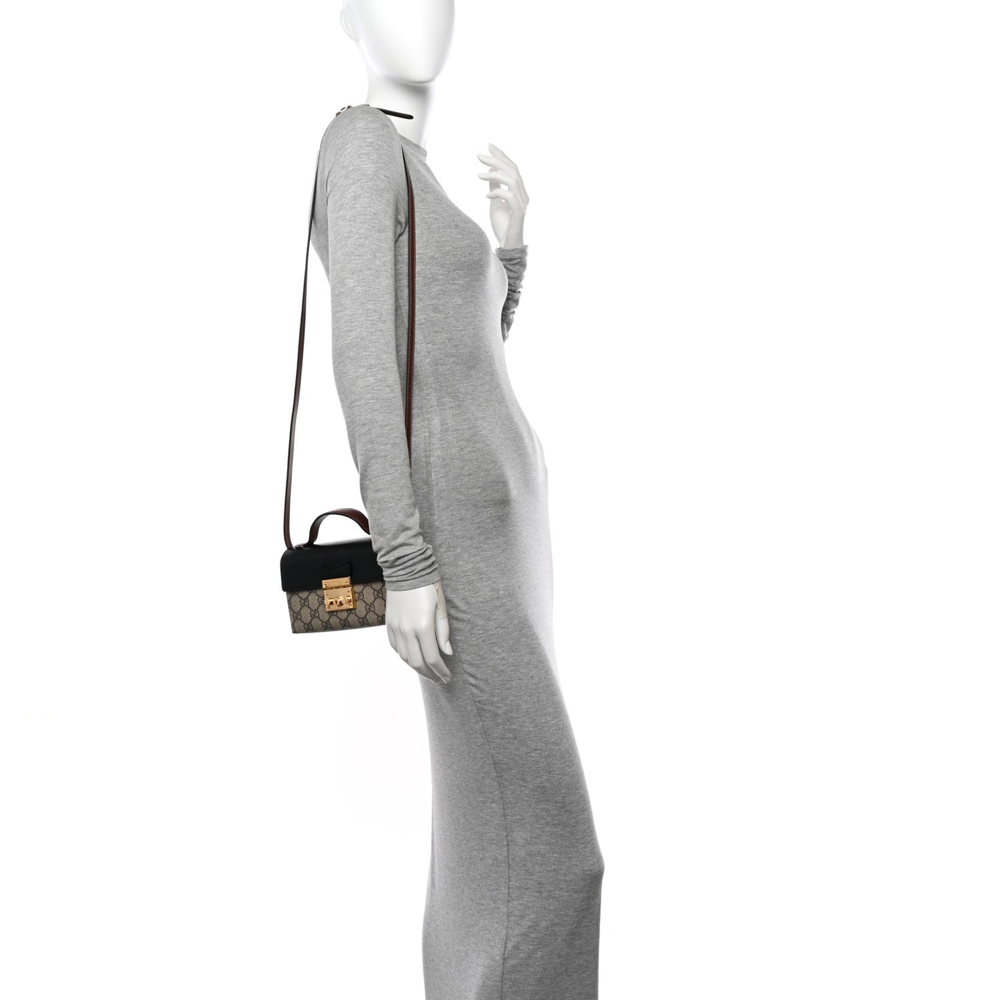 GG Supreme Monogram Calfskin Mini Padlock Top Handle Shoulder Bag Beige Black Cuir