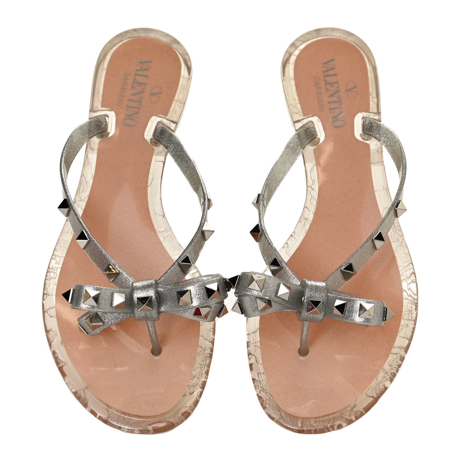 Valentino Garavani PVC Jelly Glitter Rockstud Bow Thong Sandals 40 Silver 3 of 7
