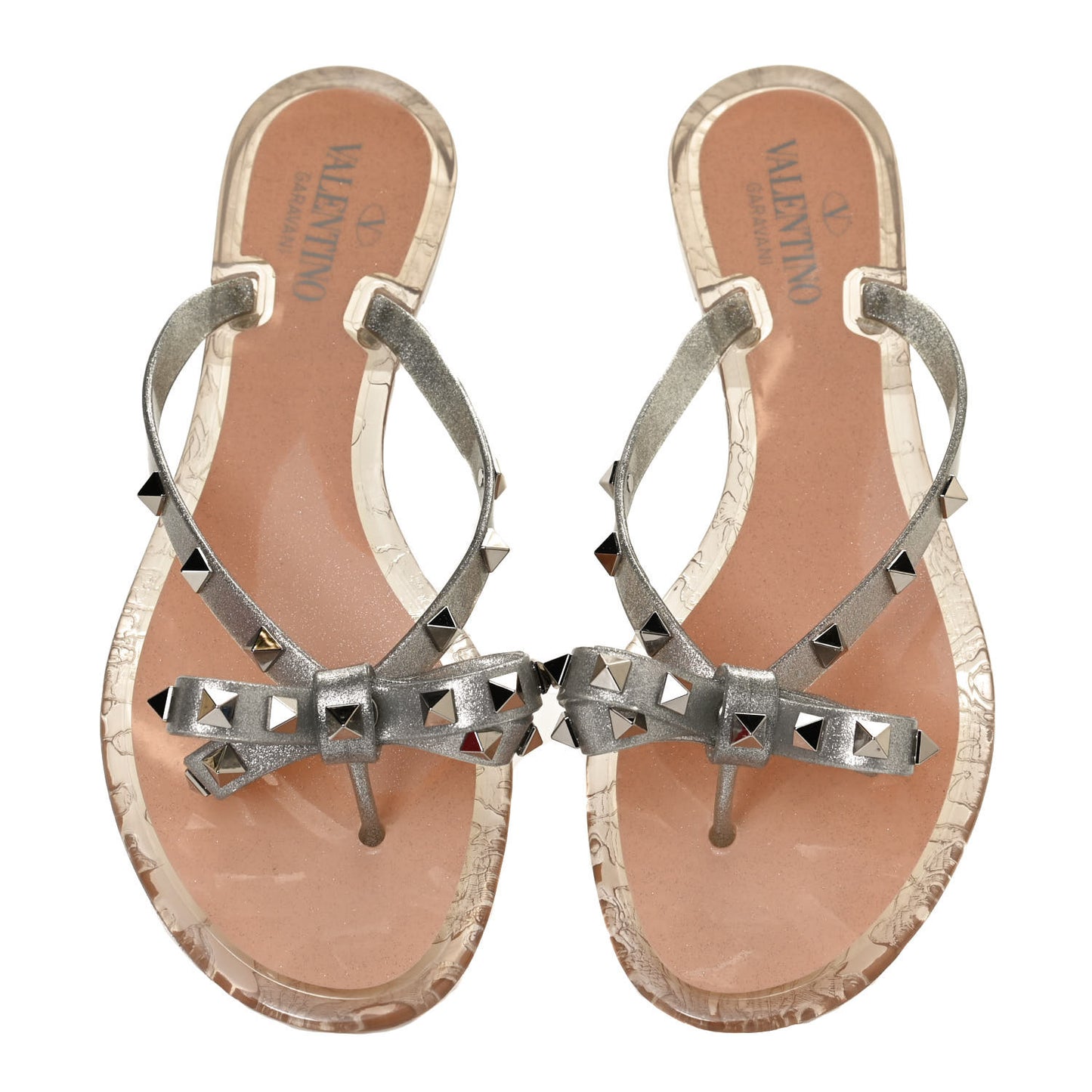 PVC Jelly Glitter Rockstud Bow Thong Sandals 40 Silver