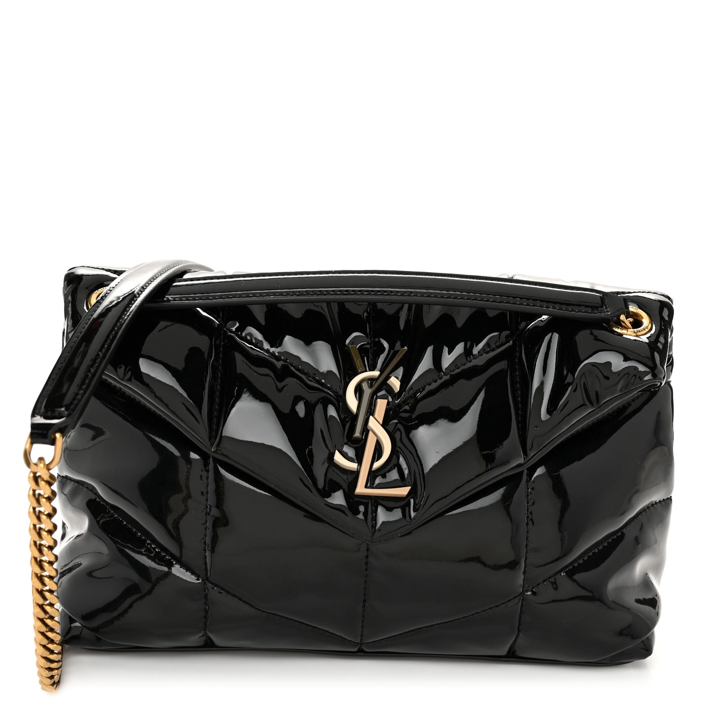 Patent Quilted Small Loulou Puffer Monogram Chain Satchel Black