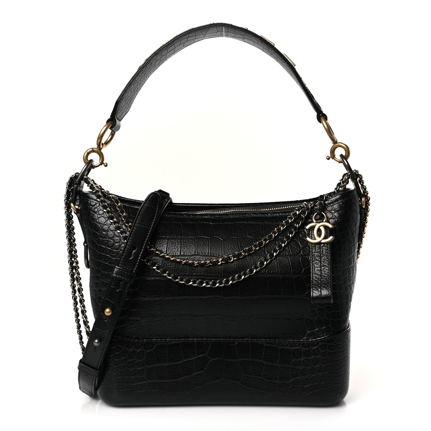 Crocodile Embossed Calfskin Medium Gabrielle Cocodile Hobo Black