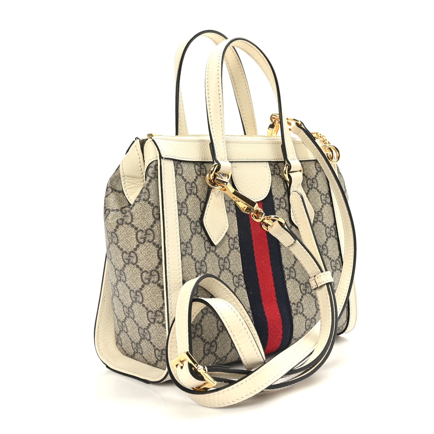 GG Supreme Monogram Textured Dollar Calfskin Web Small Ophidia Tote Bag Beige Ebony Mystic White