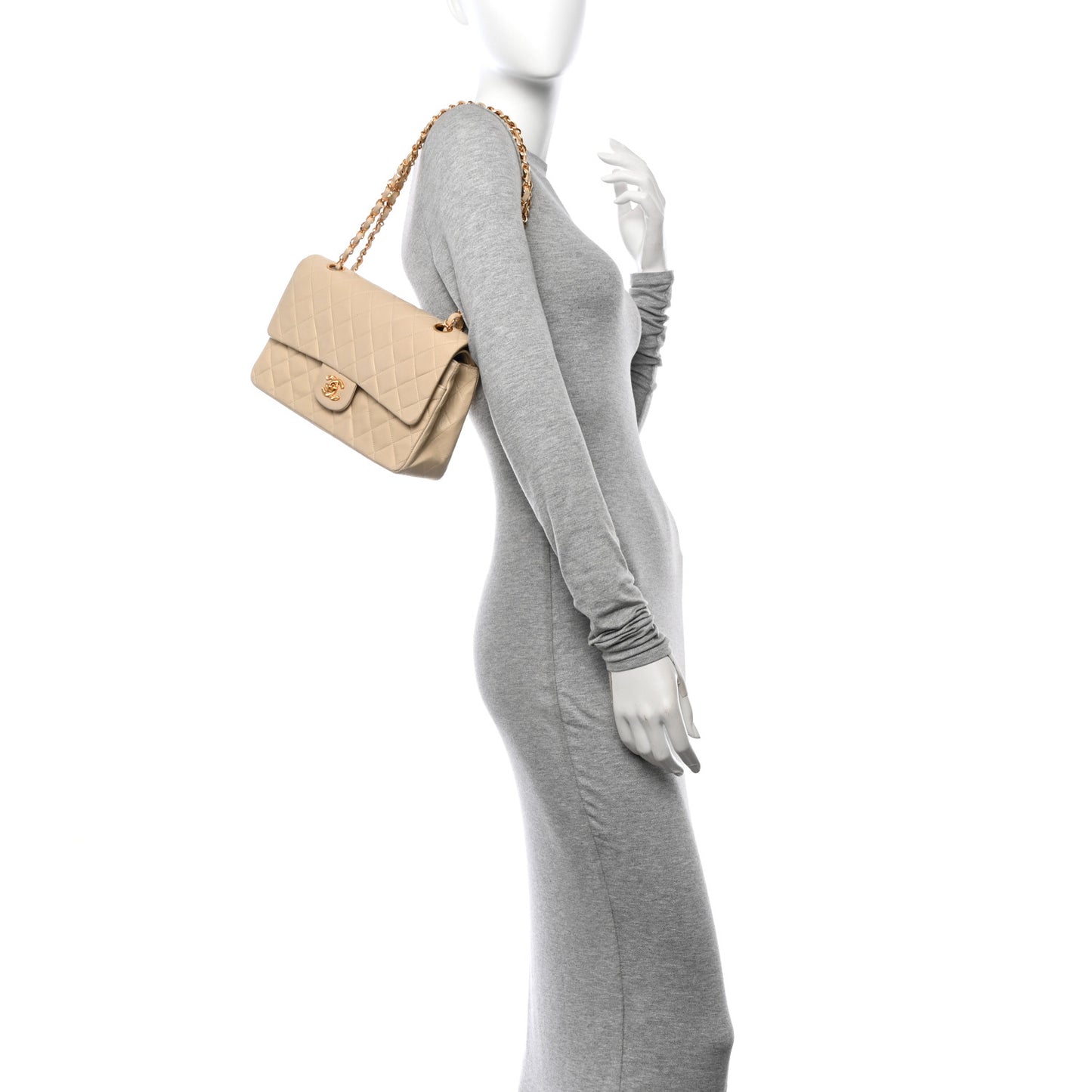 Lambskin Quilted Medium Double Flap Beige