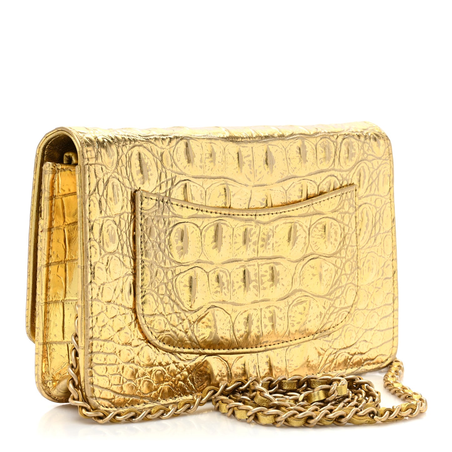Metallic Calfskin Crocodile Embossed Cocodile Wallet On Chain WOC Gold