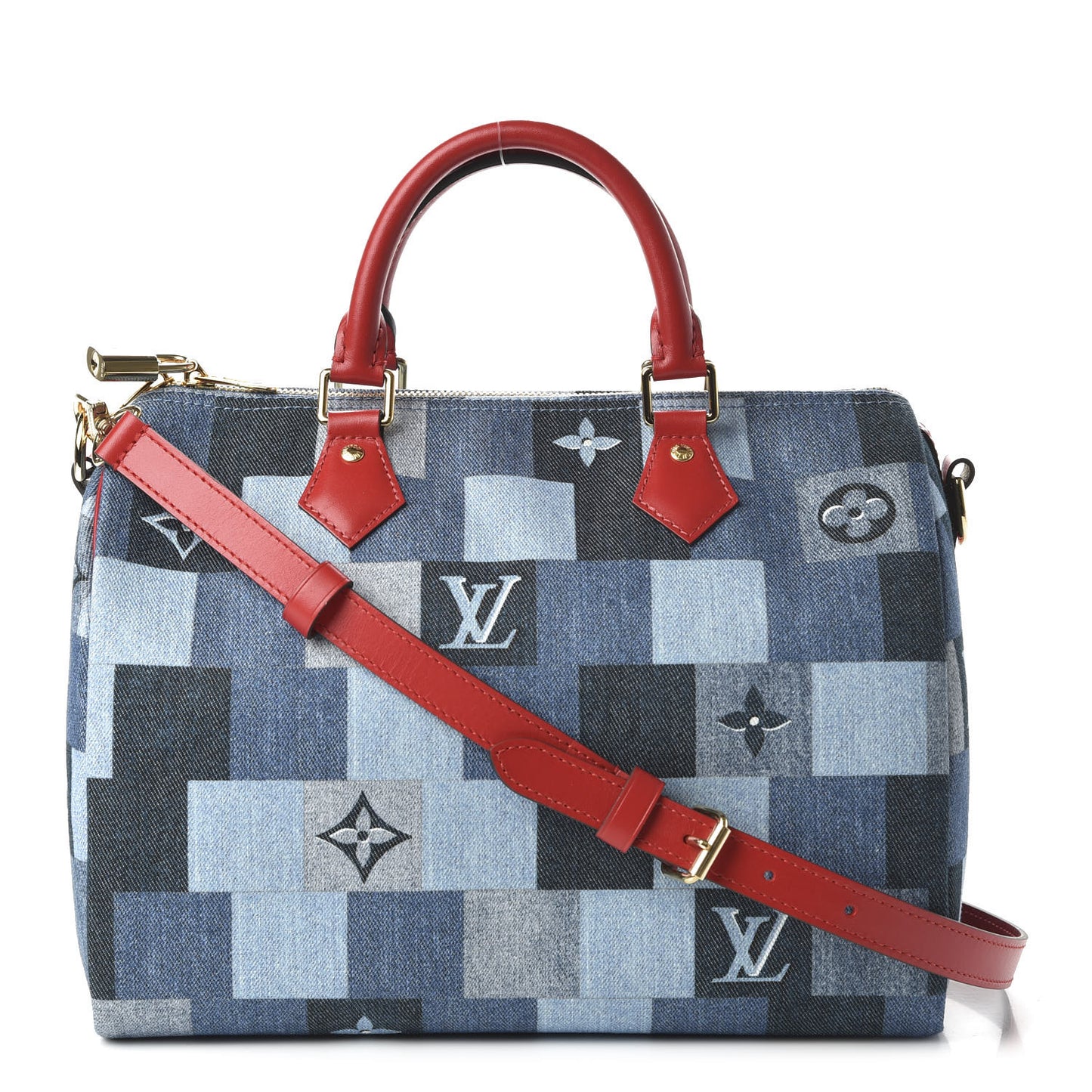 Denim Damier Monogram Patchwork Speedy Bandouliere 30 Blue Rouge