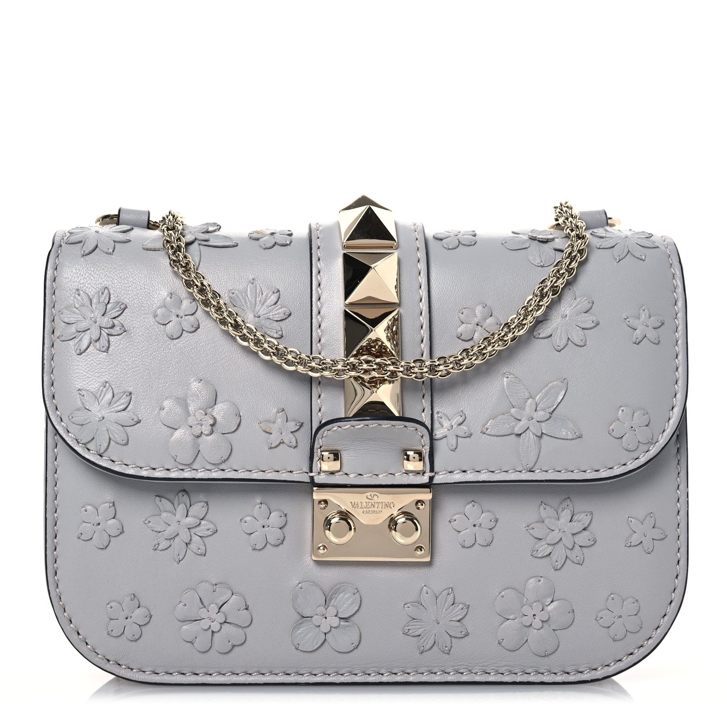 Valentino Garavani Vitello Flower Embellished Small Glam Lock Rockstud Flap Pastel Grey 1 of 14