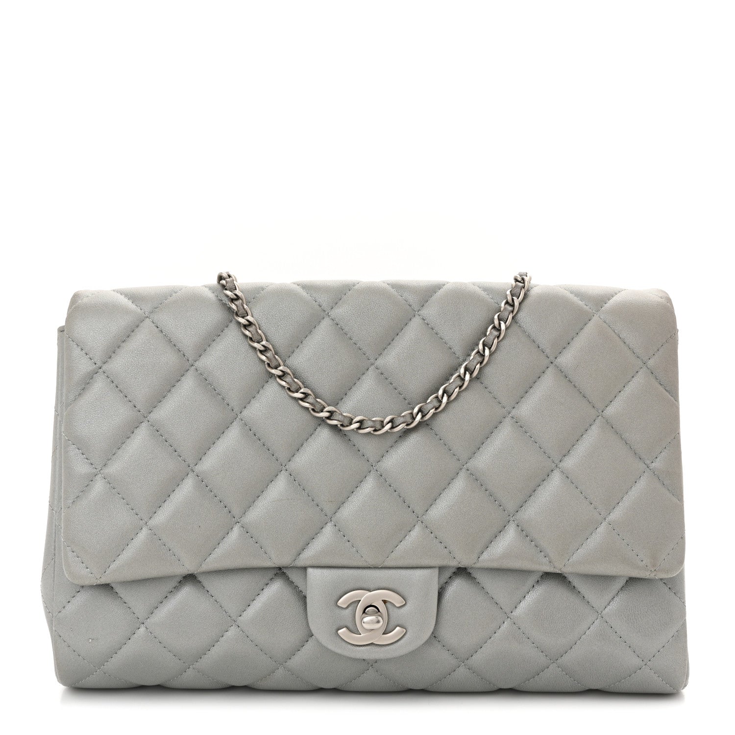 Chanel Metallic Lambskin Quilted Clutch With Chain Flap Silver