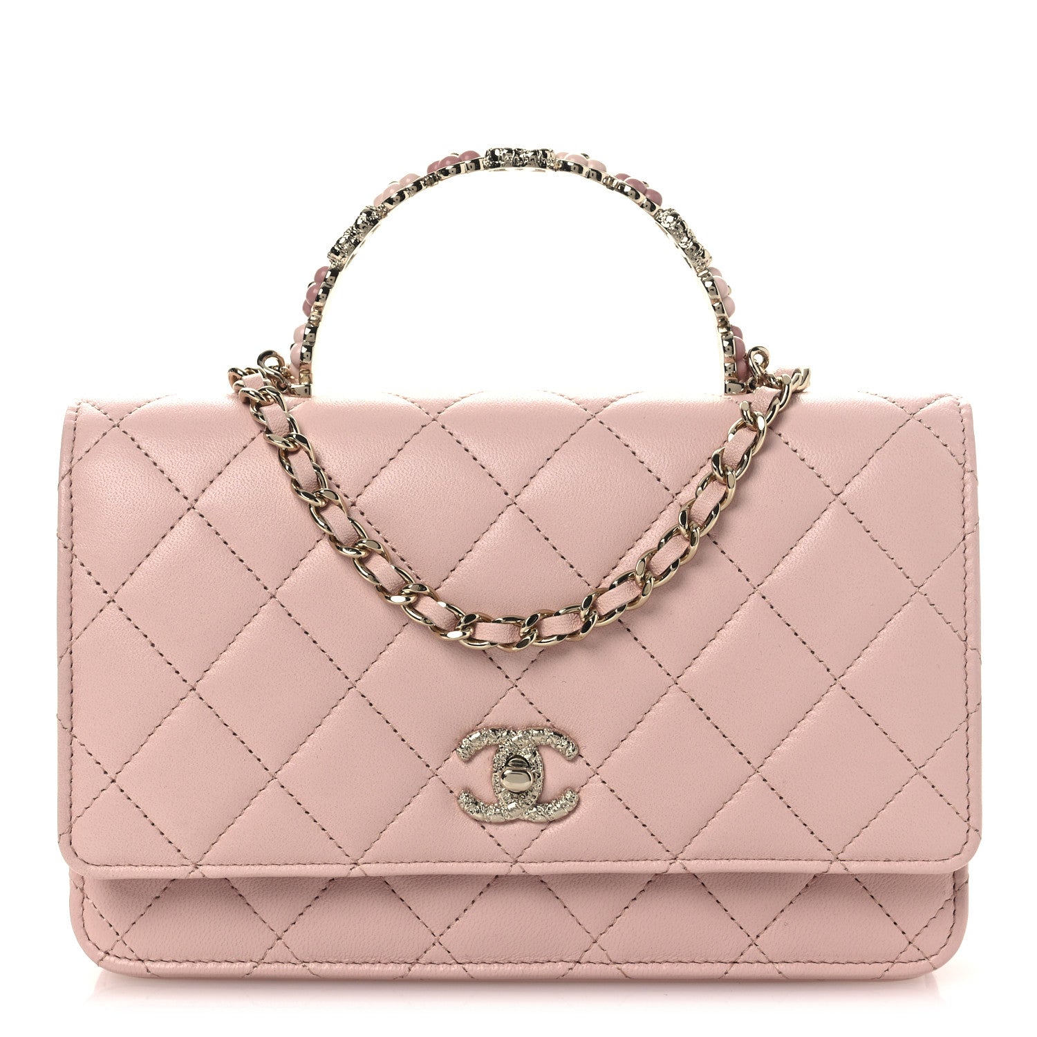 Chanel Lambskin Quilted Metal Enamel Flower Top Handle Wallet On