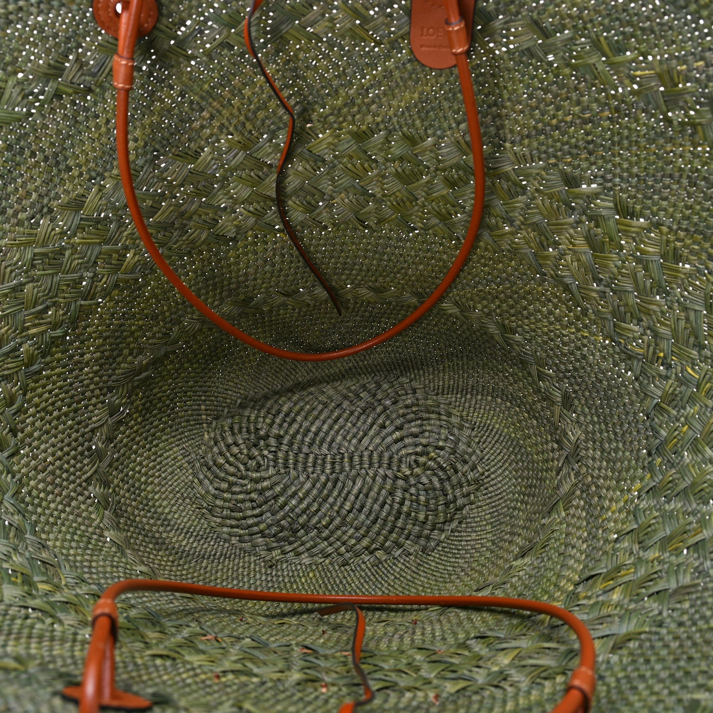 Calfskin Raffia Paulas Ibiza Large Anagram Basket Tote Bag Green Tan